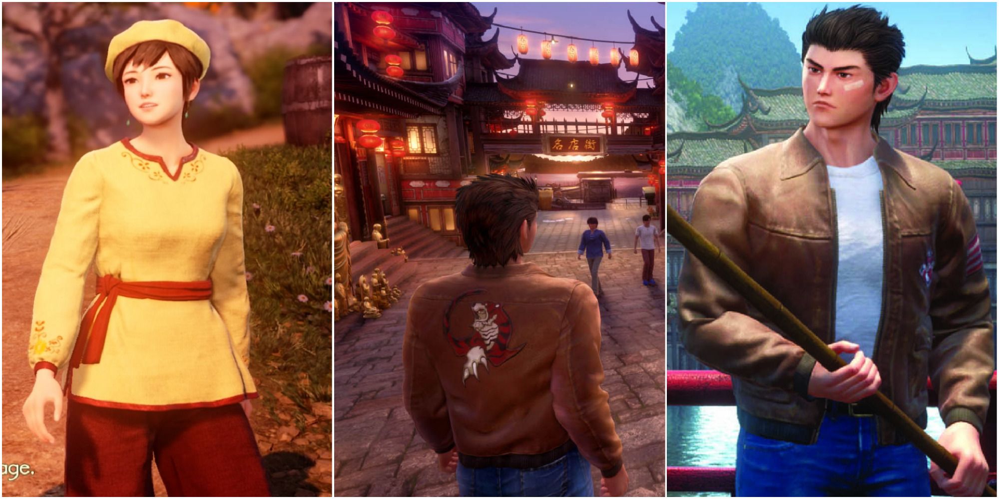A collage of different images from Shenmue 3, including images of Ryo Hazuki and Shenhua