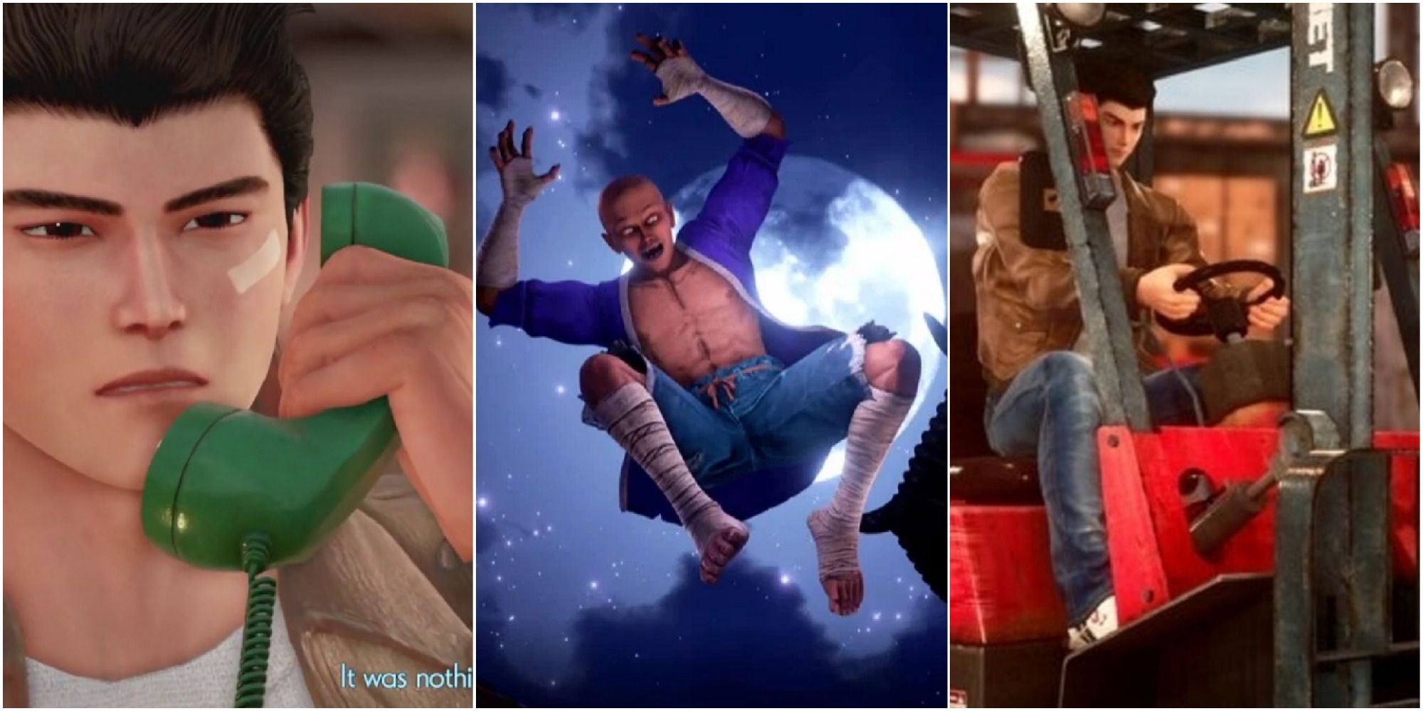 A collage of images from Shenmue 3, including Ryo Hazuki making a phone call; Chai surprise-attacking Ryo and Shenhua; and Ryo piloting a forklift