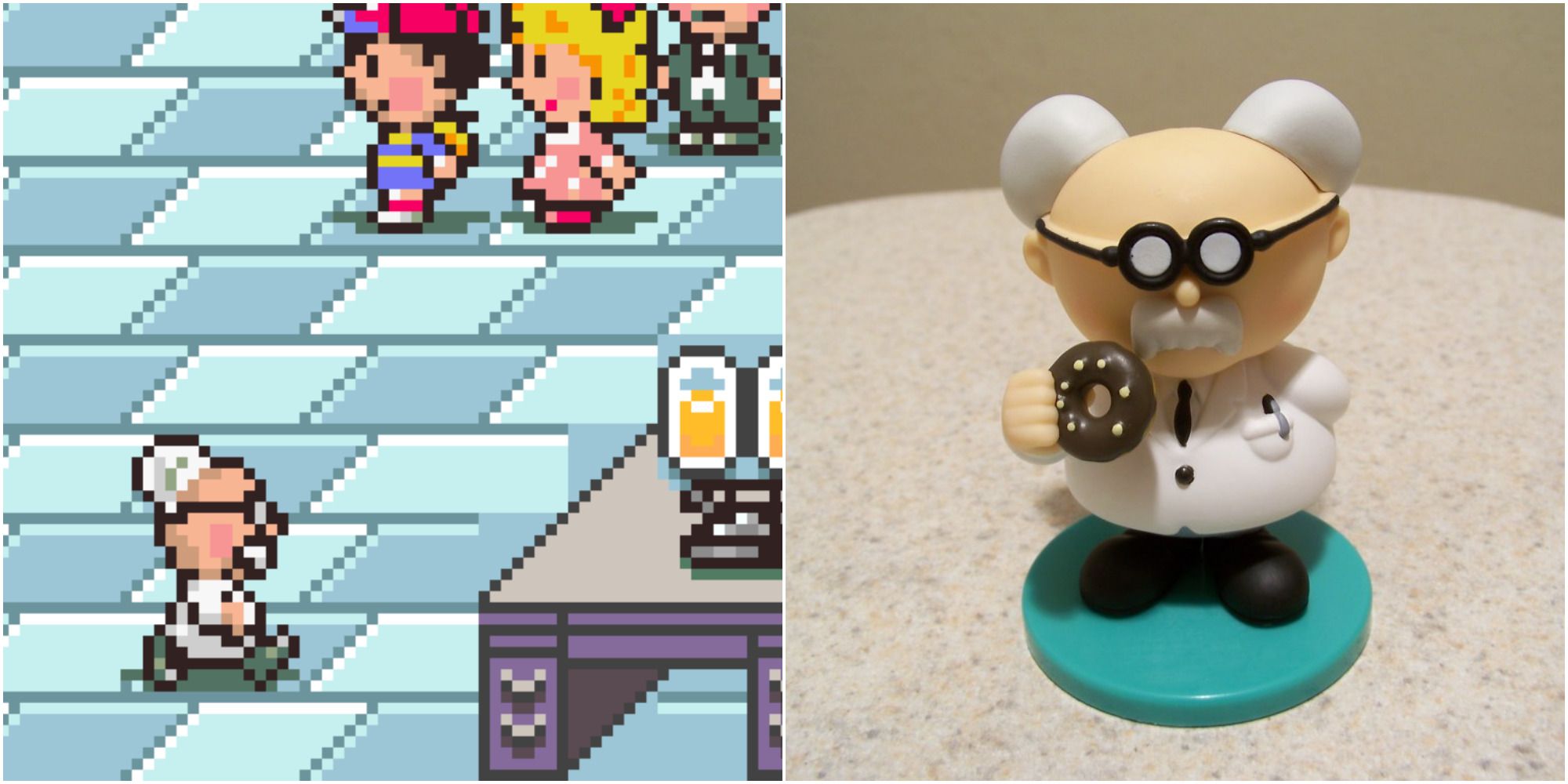 A collage showing Ness and Paula standing by Dr. Andonuts, Jeff's father, in Earthbound, alongside a figurine of Dr. Andonuts holding a donut
