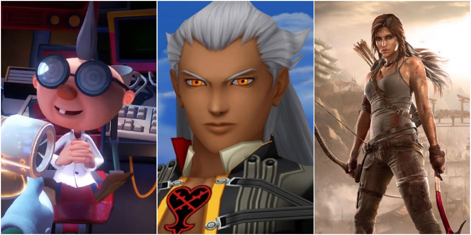A collage of different video game scientists, including Professor E. Gadd from the Mario and Luigi's Mansion games; Ansem from Kingdom Hearts; and Lara Croft from Tomb Raider