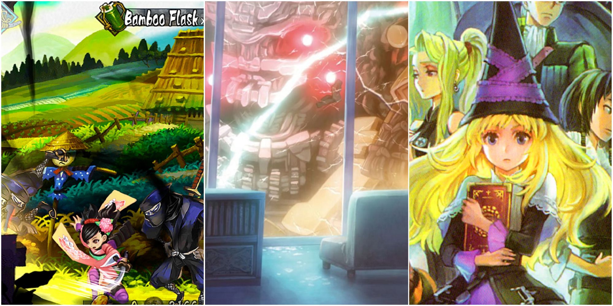 A collage of images from games developed by Vanillaware, including screenshots from Muramasa: The Demon Blade, 13 Sentinels: Aegis Rim, and GrimGrimoire