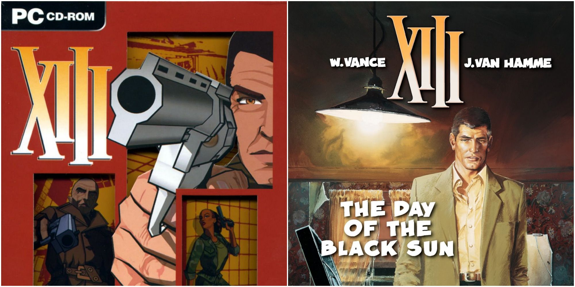 A comparison collage of the cover art for Ubisoft's 2003 shooter XIII and the "The Day Of The Black Sun" issue of the XIII comics, created by Jean Van Hamme and William Vance