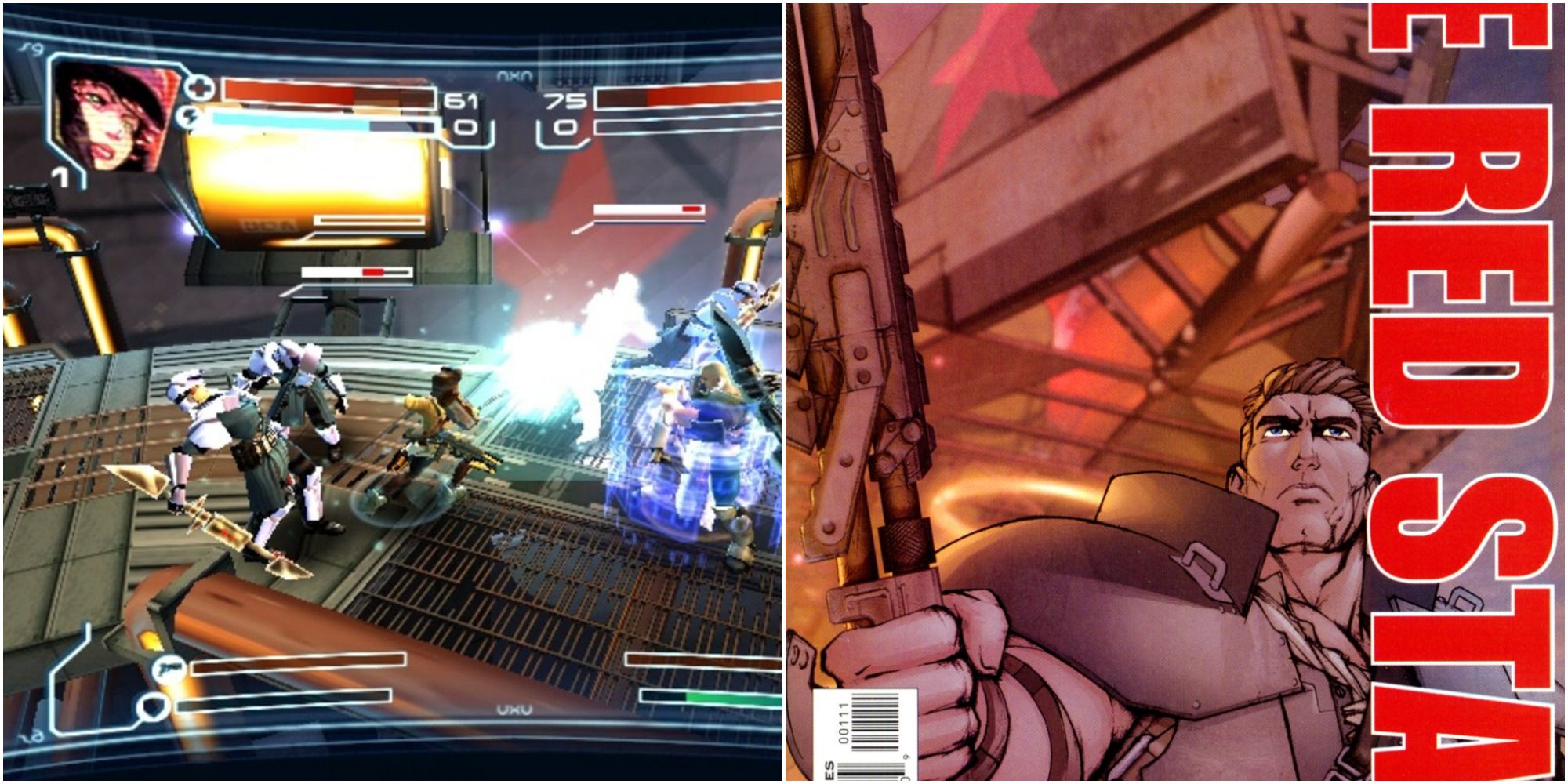 A comparison of gameplay footage from The Red Star for the PS2 - showing characters battling on a metal grate - and the cover art for the first issue of Christian Gossett's The Red Star comic