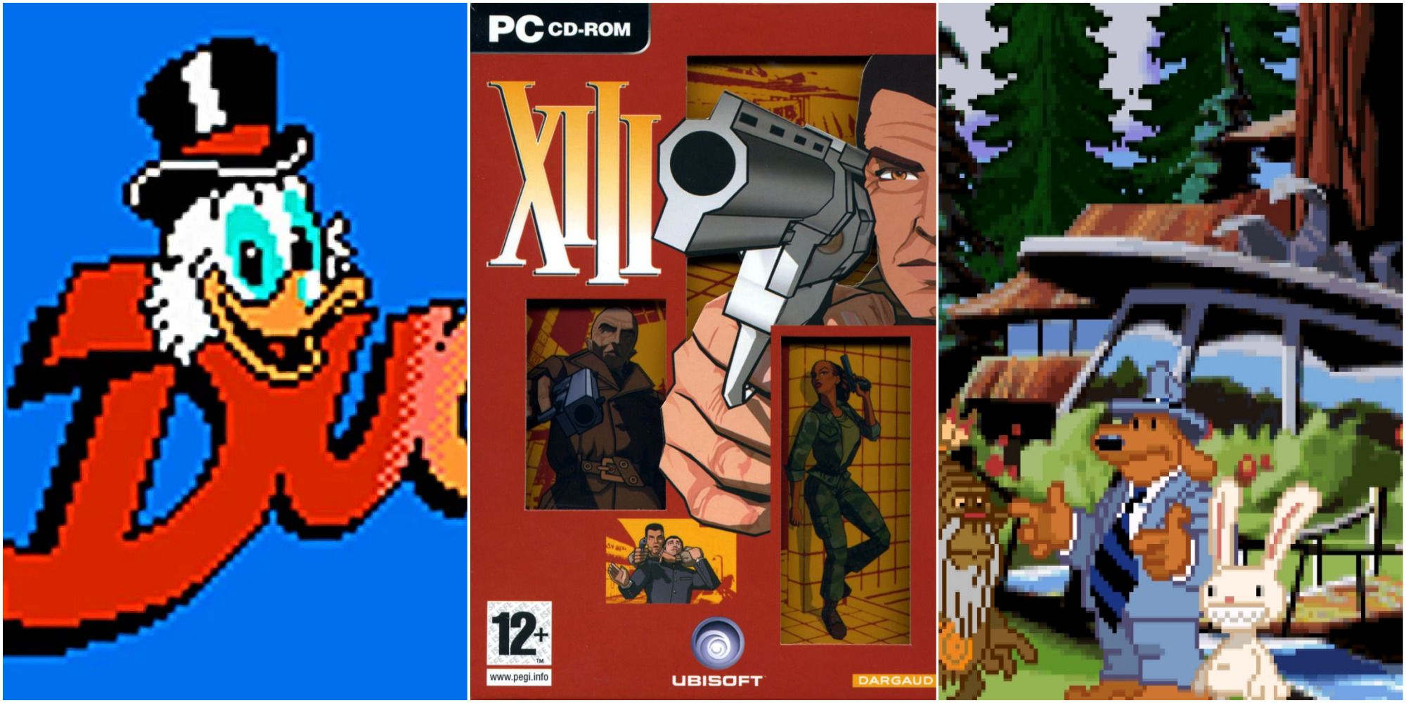 A collage featuring images from Capcom's DuckTales for the NES; Ubisoft's XIII for PC; and LucasArts' Sam & Max Hit The Road for PC
