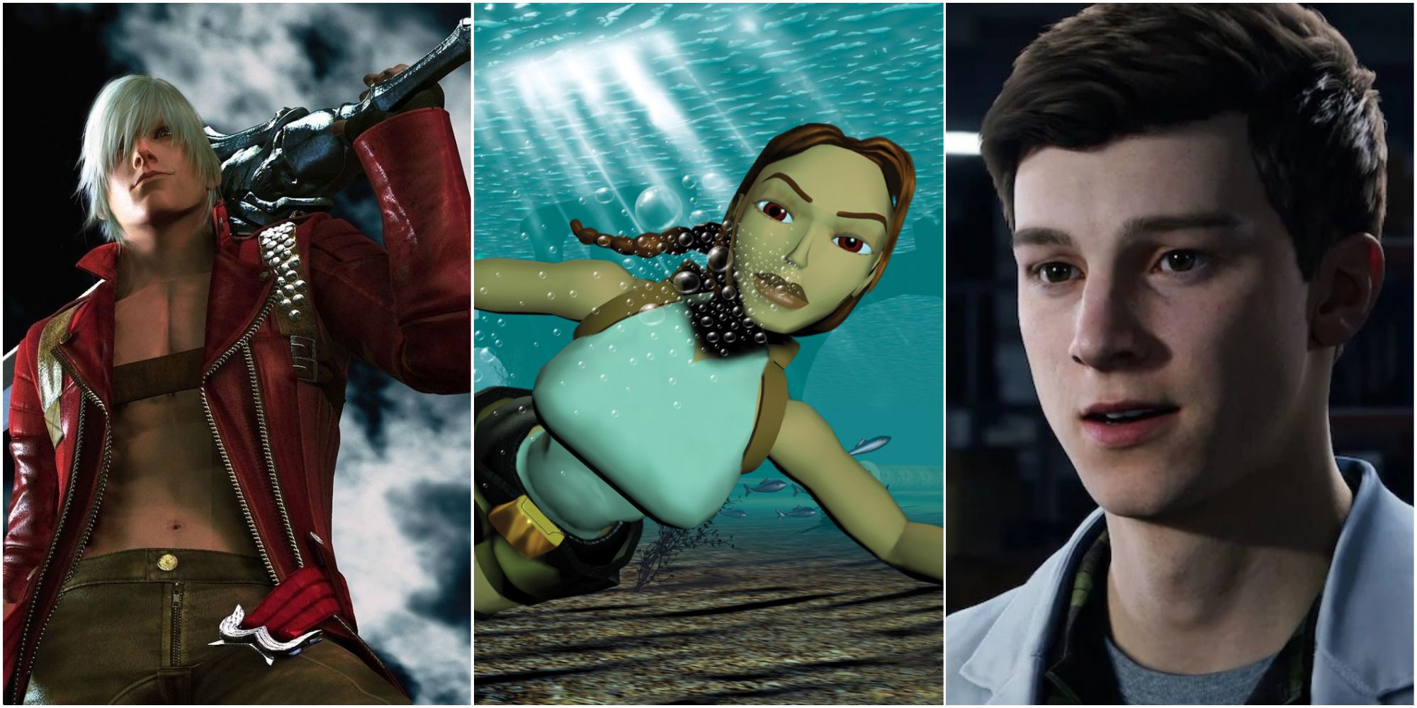 A collage of three Playstation characters who've gotten redesigns: Dante from Devil May Cry, Lara Croft from Tomb Raider, and Peter Parker from Marvel's Spider-Man