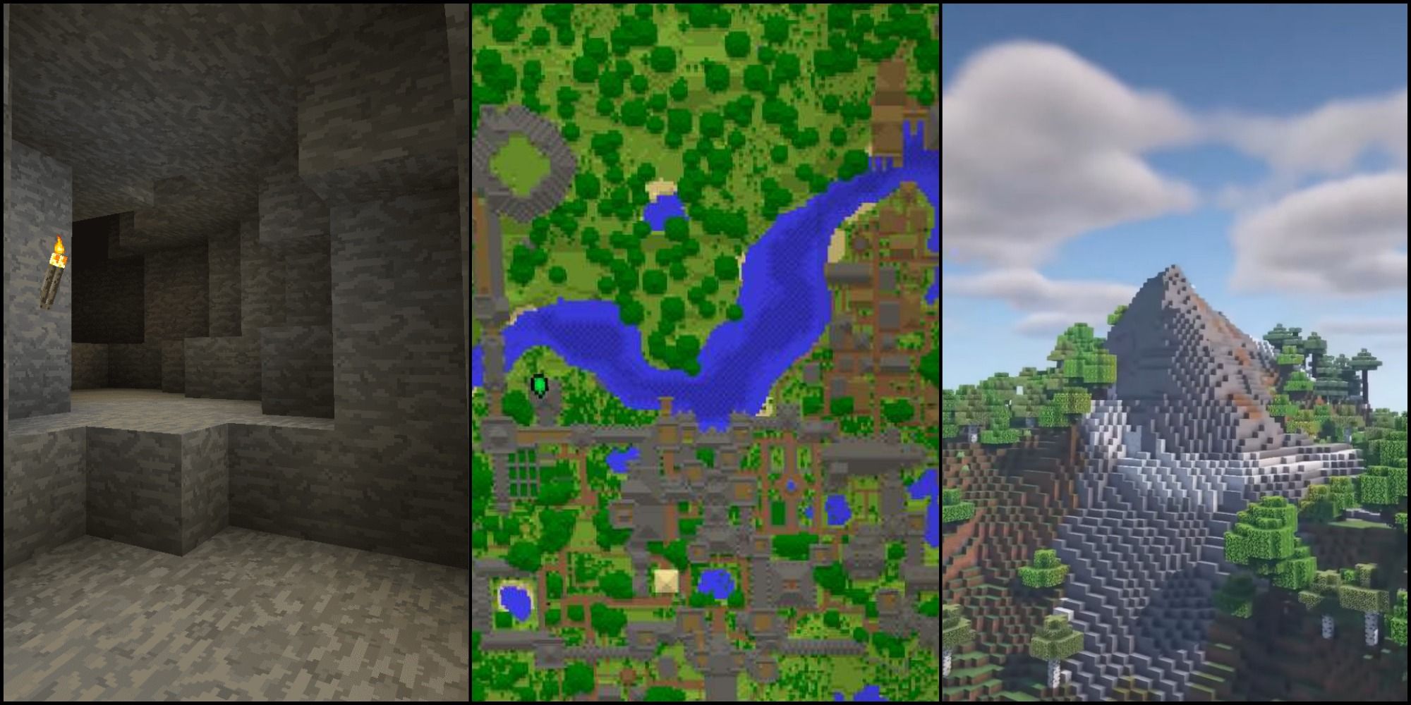 A split image featuring a Minecraft cave to the left, a map in the middle and a mountain to the right