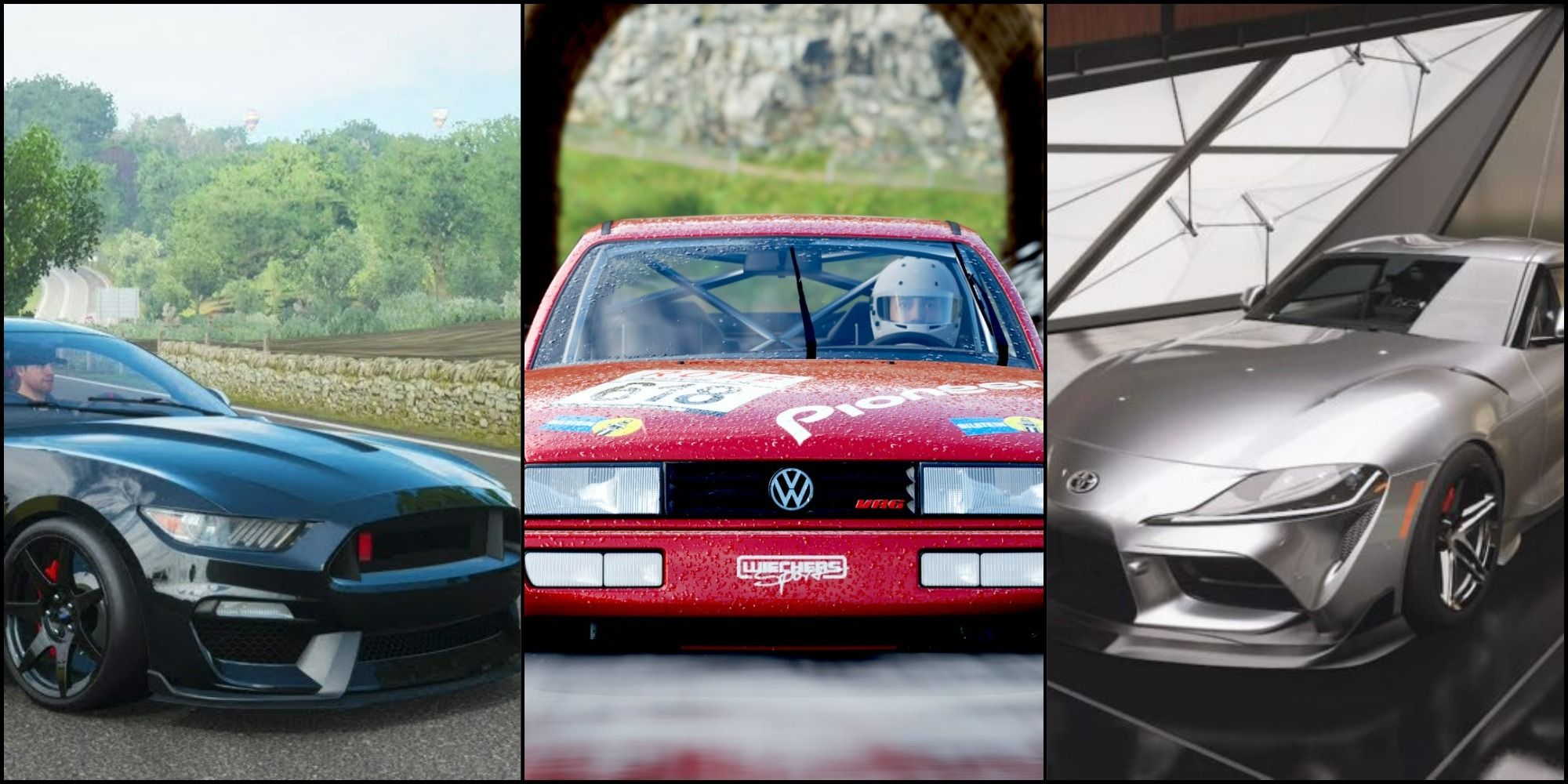 A feature image with the Ford Shelby GT350R to the left, the Volkswagen Corrado VR6 in the middle and the Toyota GR Supra to the right