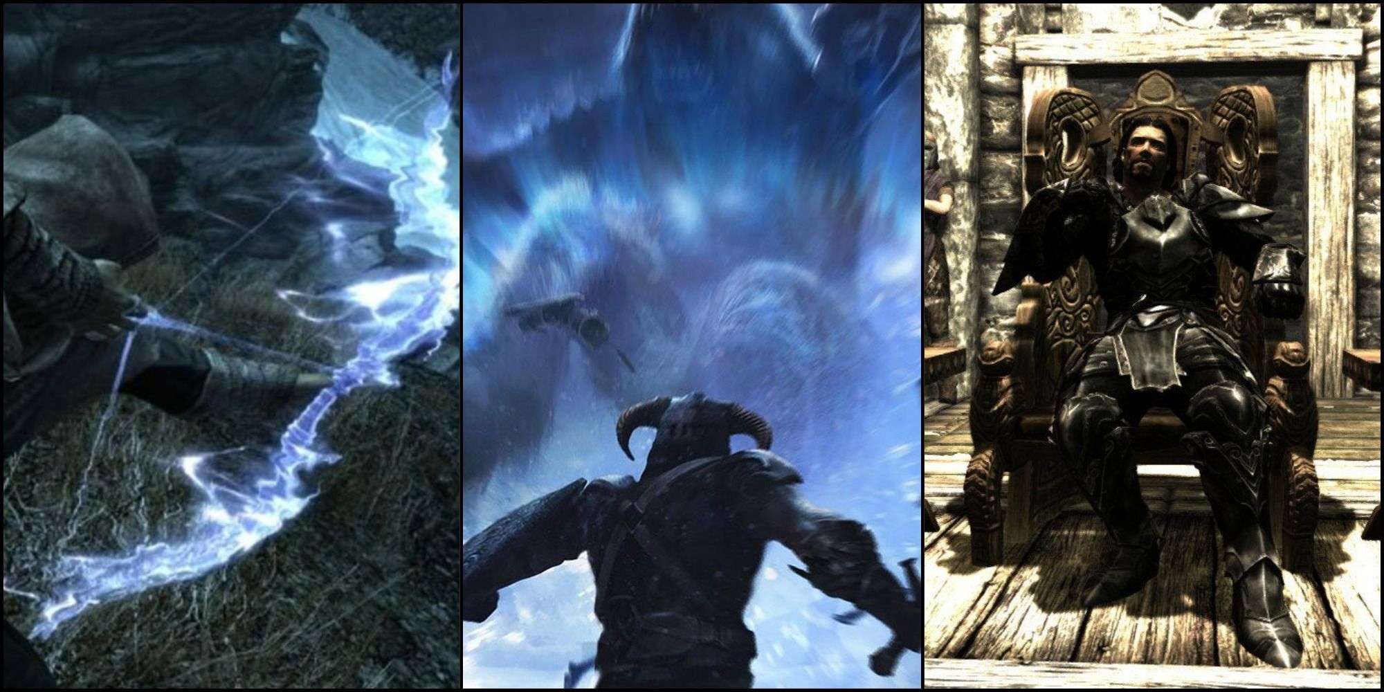 A feature image featuring a Skyrim stealth archer to the left, the dragonborn shouting in the middle and the dragonborn on the jarl's throne to the right
