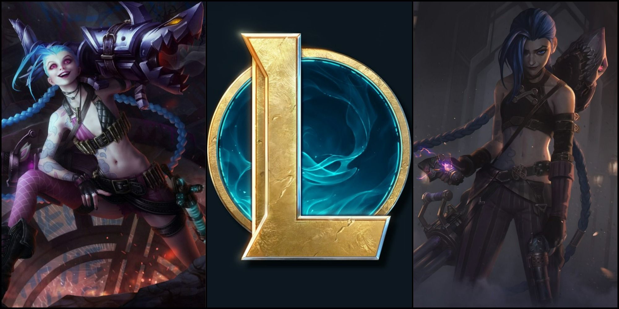 A feature image with the regular Jinx skin to the left, the League of Legends logo in the middle and the Arcane Jinx skin to the right