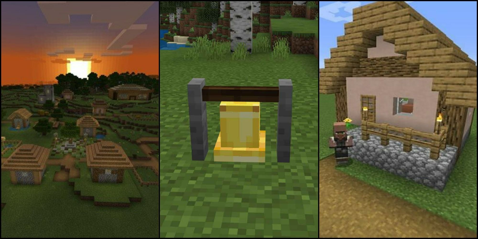 A feature image for Minecraft villages featuring a village to the right, the bell in the middle and a house to the right