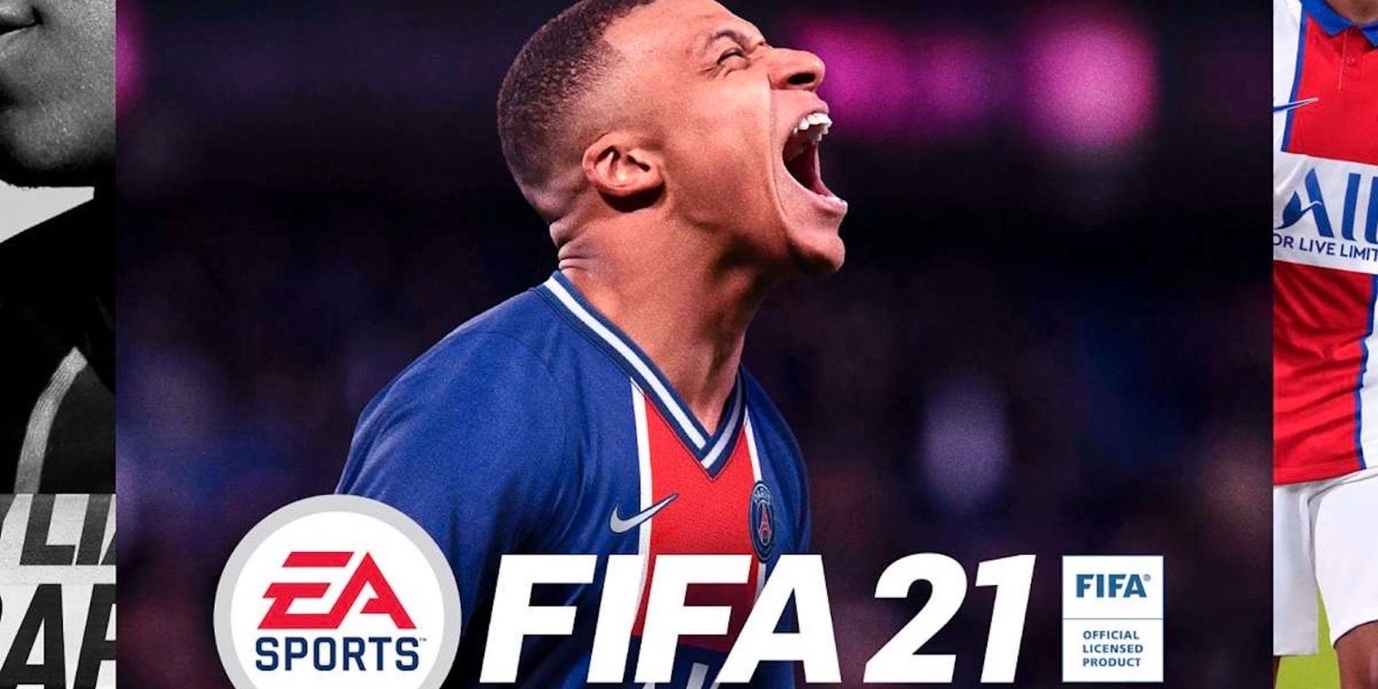 promotional image for FIFA 21 featuring Kylian Mbappé screaming on the front with the game's logo and EA Sports logo beneath him