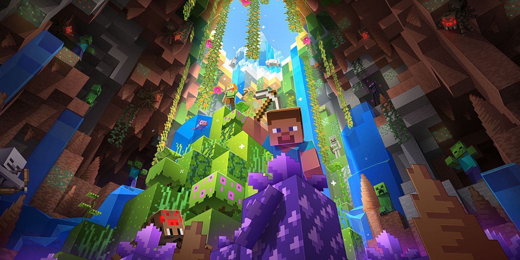 Minecraft Steve mines in a lush cave biome, while enemies approach from around him