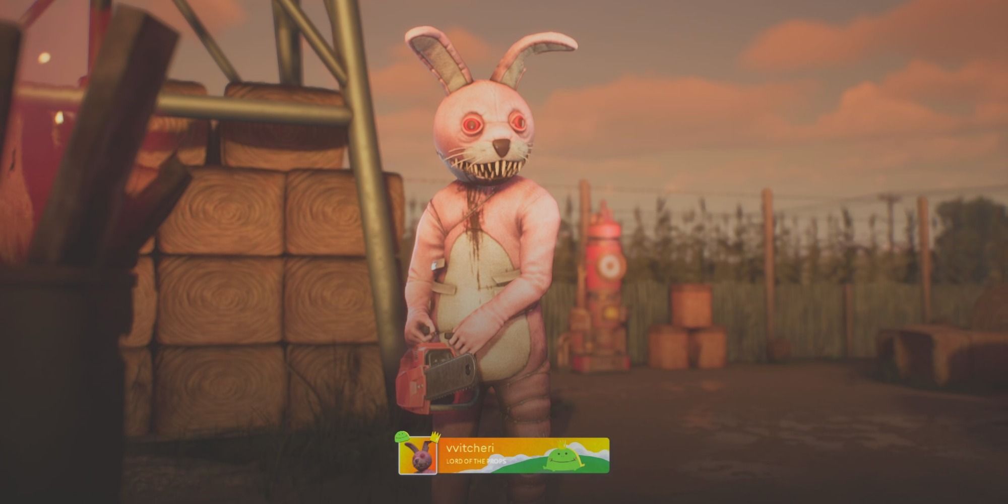 A humanoid creature in a bloodied pink bunny suit with jiggly red eyes stands in a farm, holding a chainsaw