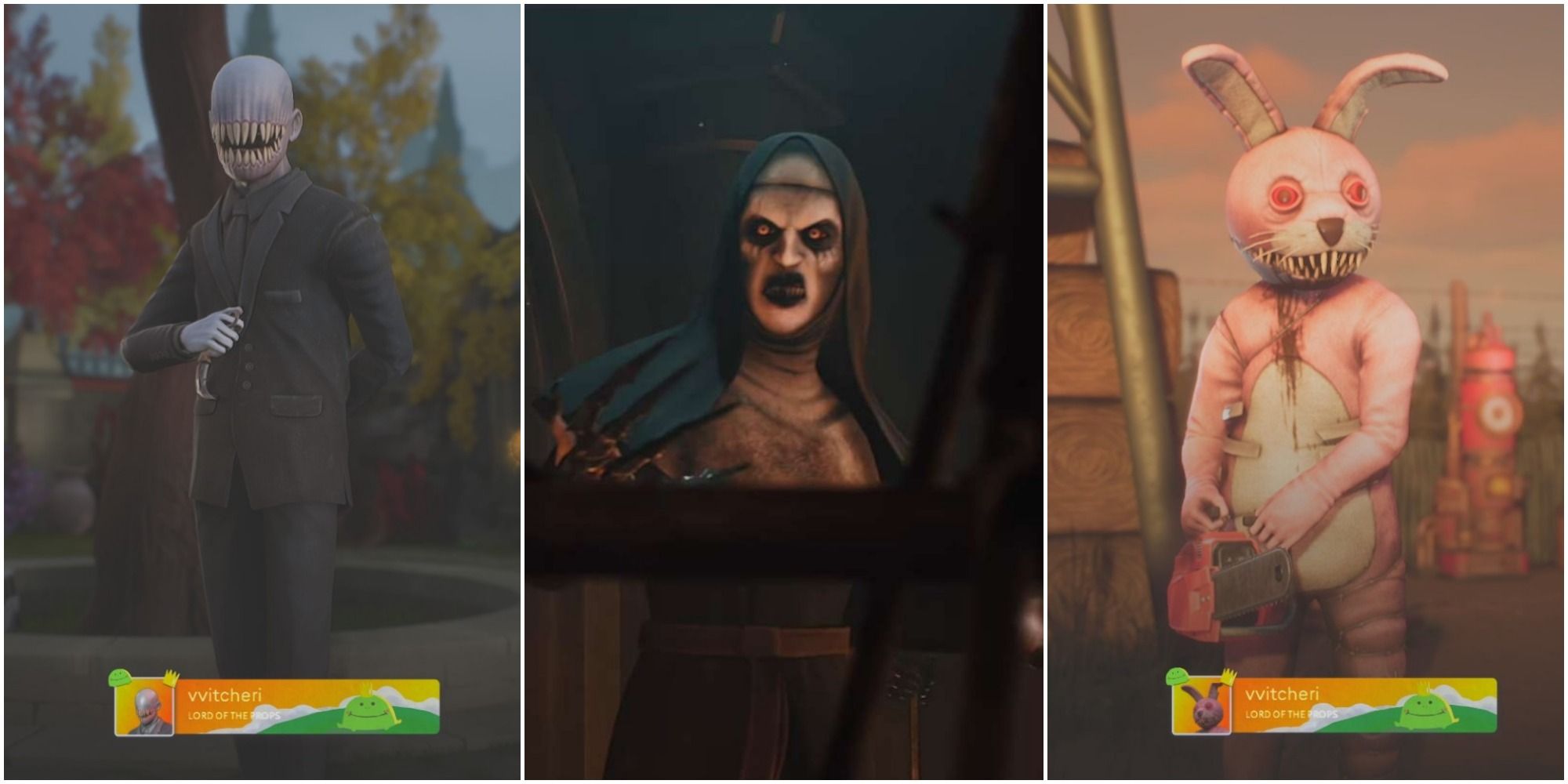 Split image of Imposter in Abbey, Banshee in Abbey, and Igor in the Farm, from left to right
