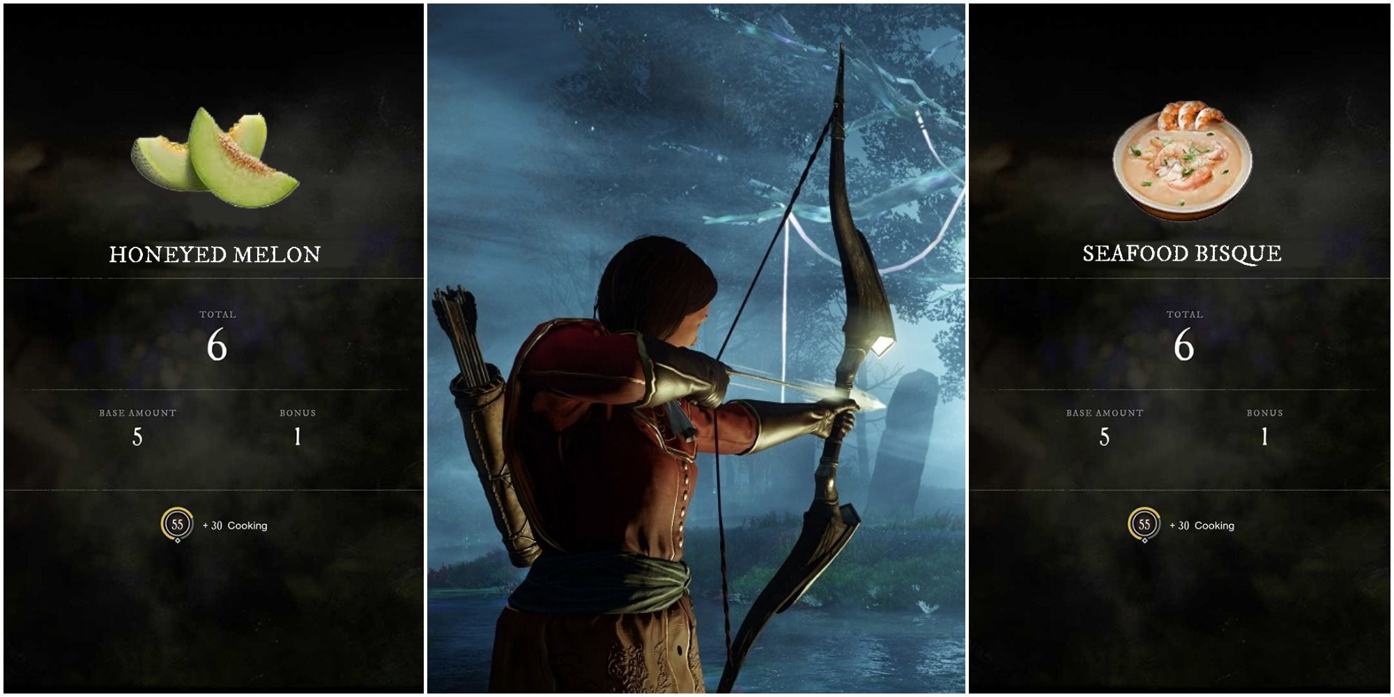 A split image of Honeyed Melon recipe, a female player wielding a bow in a bluish glowing glade, and a Seafood Bisque recipe, from left to right