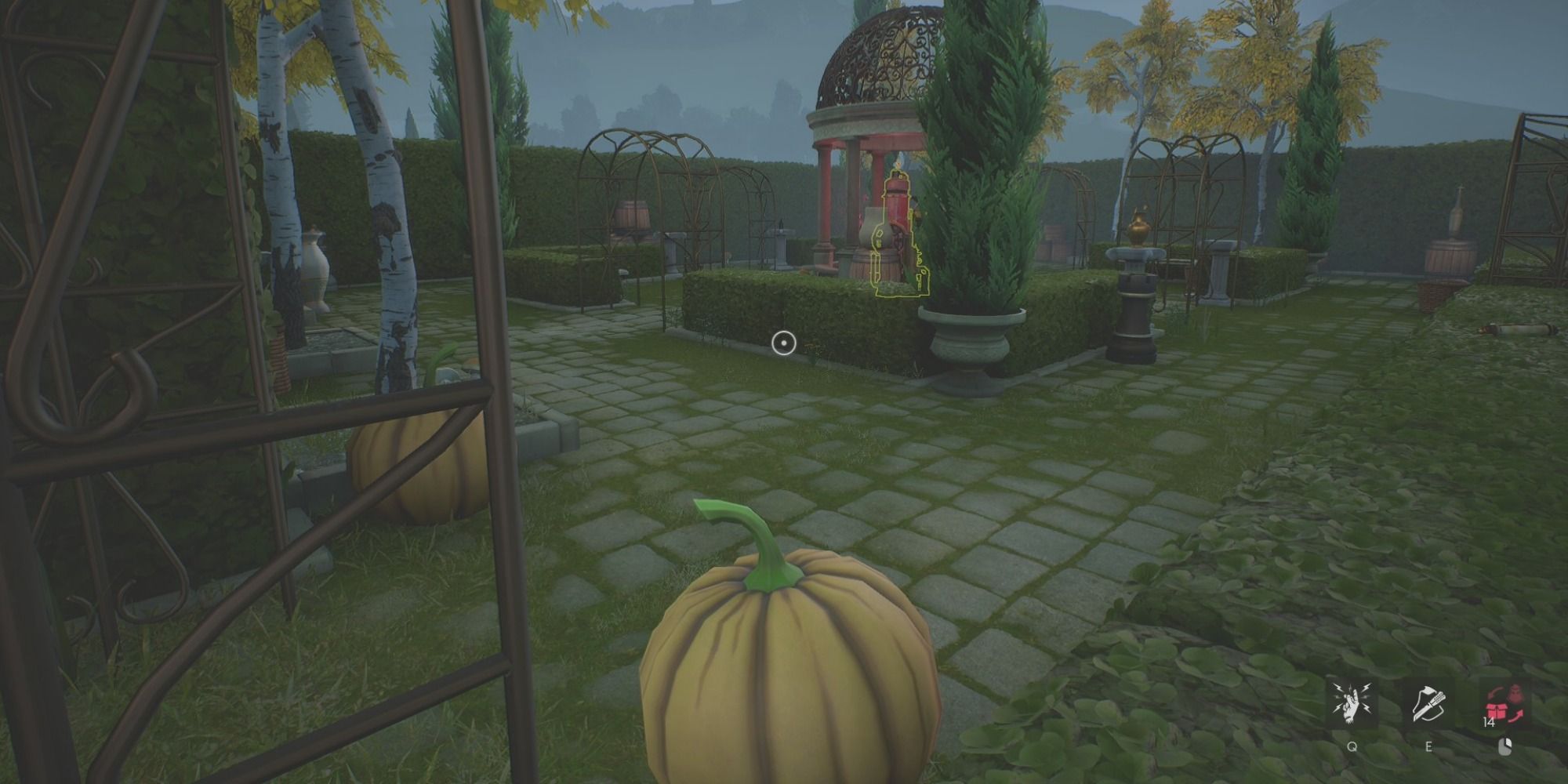The imposter disguises himself as a pumpkin in the Abbey courtyard