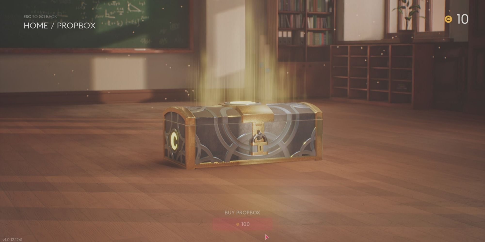 A glowing closed Propbox sits on the floor of a School classrom