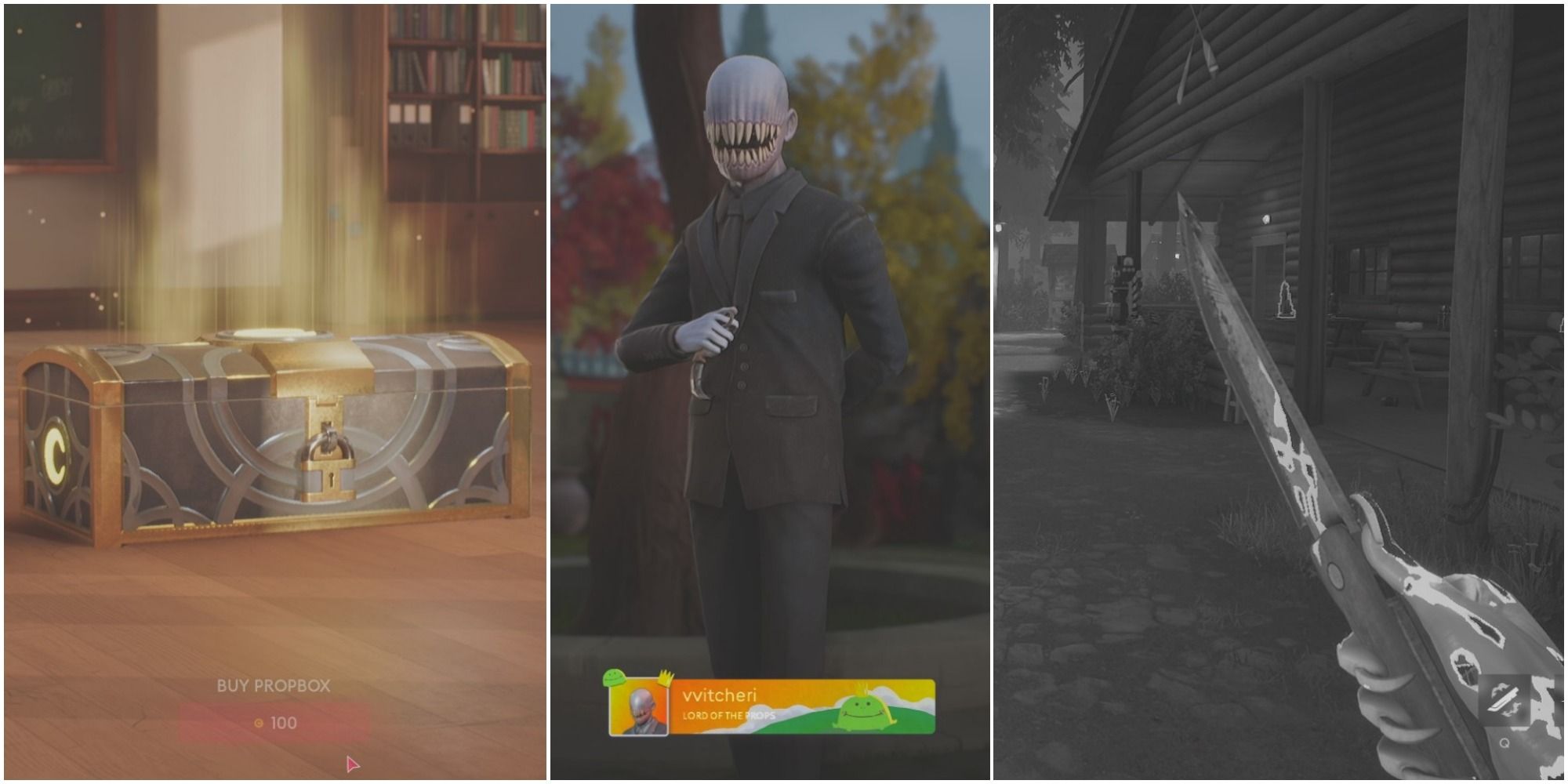 A split image from left to right: a closed propbox chest, the Imposter killer in Abbey courtyard, the Granny in Astral outside Camp cabin