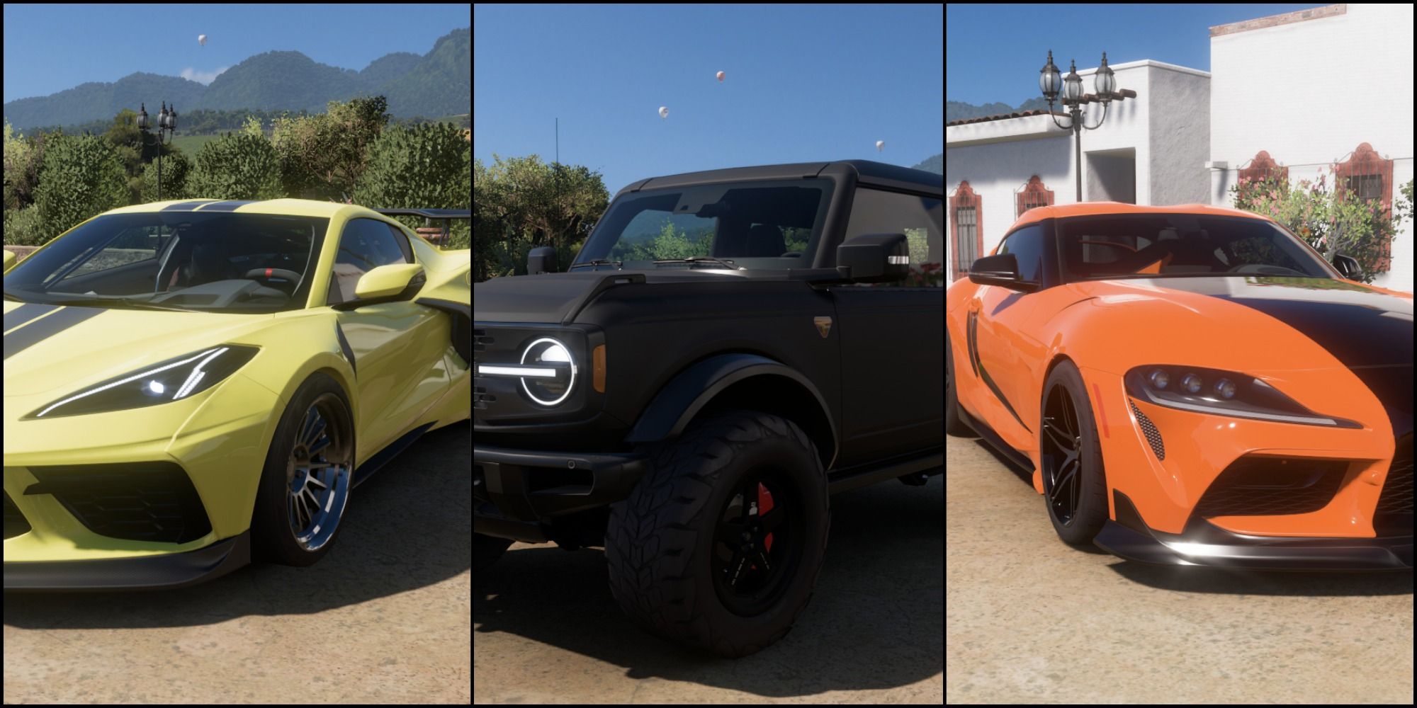 A Chevrolet C8 Corvette Stingray to the left, a Ford Bronco in the middle and a Toyota CR Supra to the right