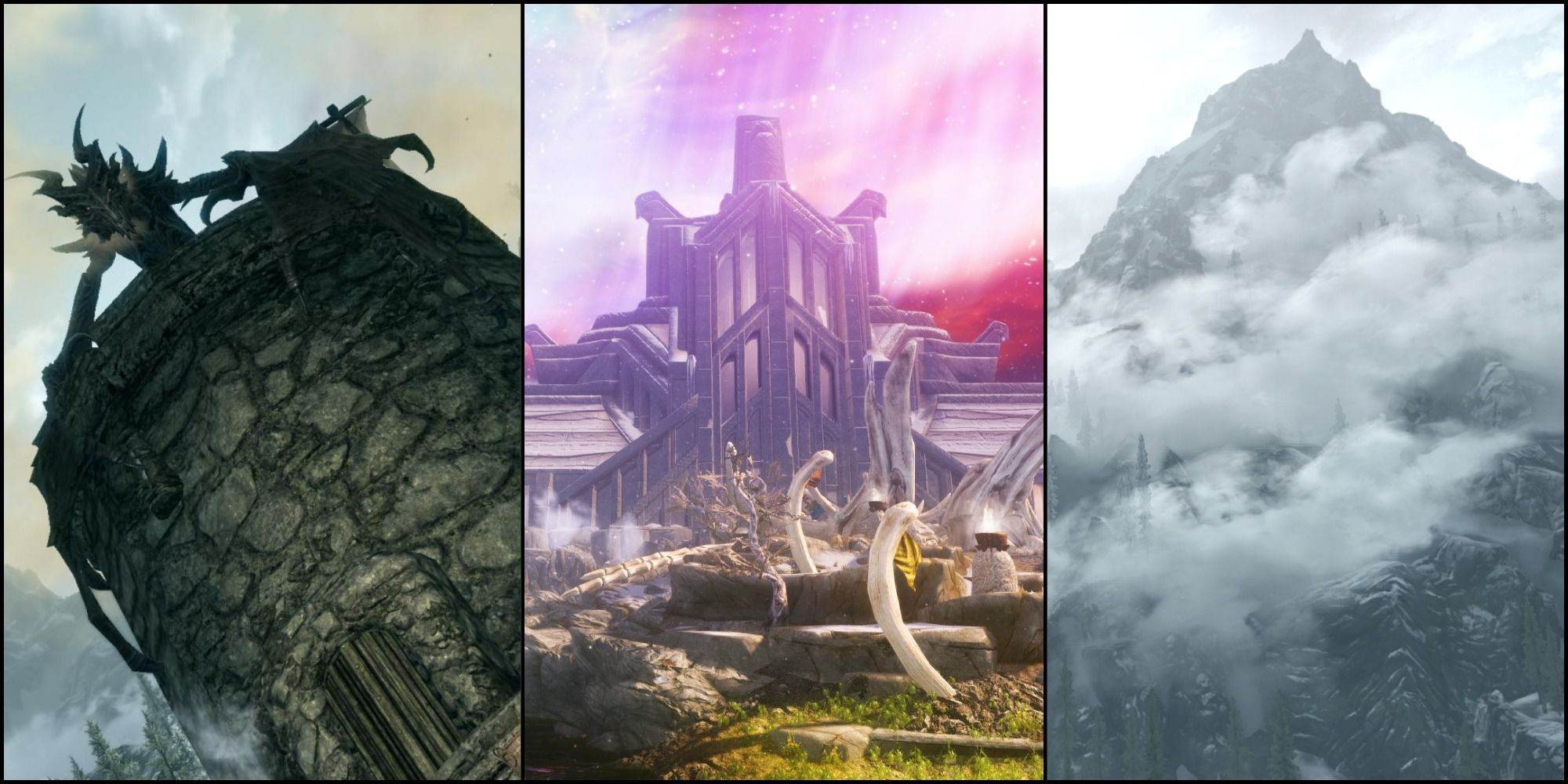Skyrim memorable moments split image with Alduin to the left, the Hall of Valor in the middle and the Throat of the World to the right
