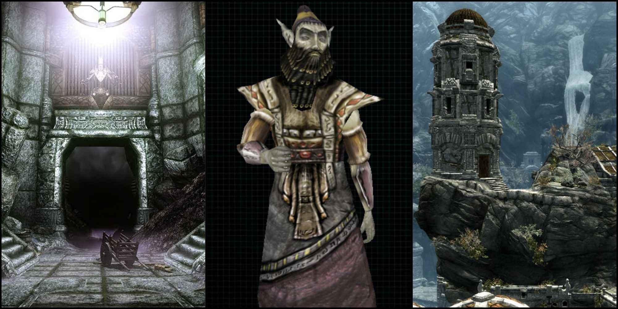 A feature image with a Dwemer ruin to the left, a Dwemer in the middle and the city of Markarth to the right