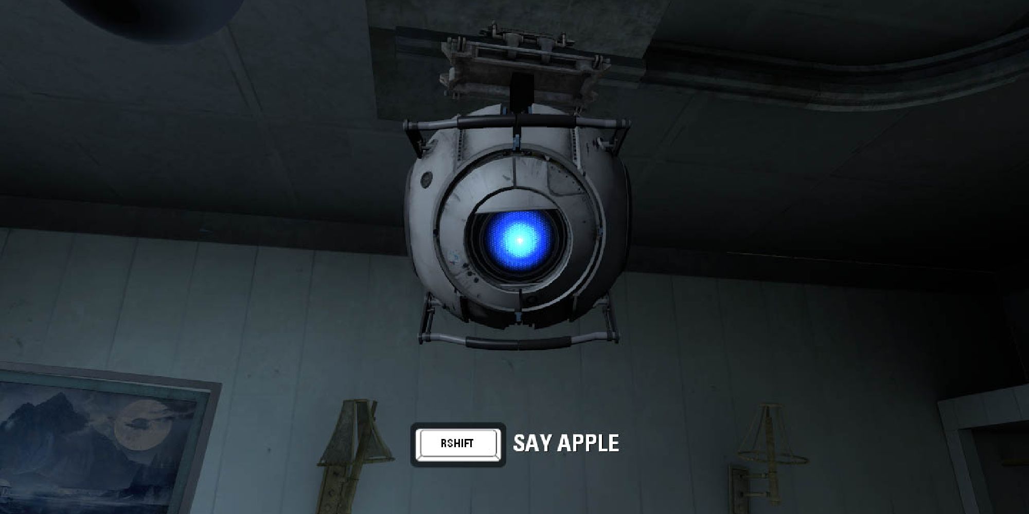 Wheatley instructs the player character to press a button to say "apple" in Portal 2's tutorial