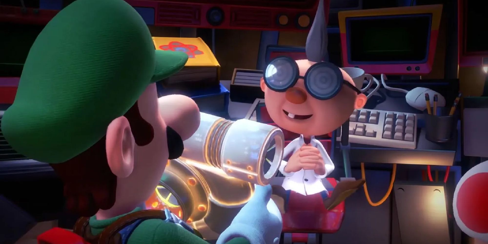 Professor E. Gadd gives Luigi a Poltergust upgrade in Luigi's Mansion 3