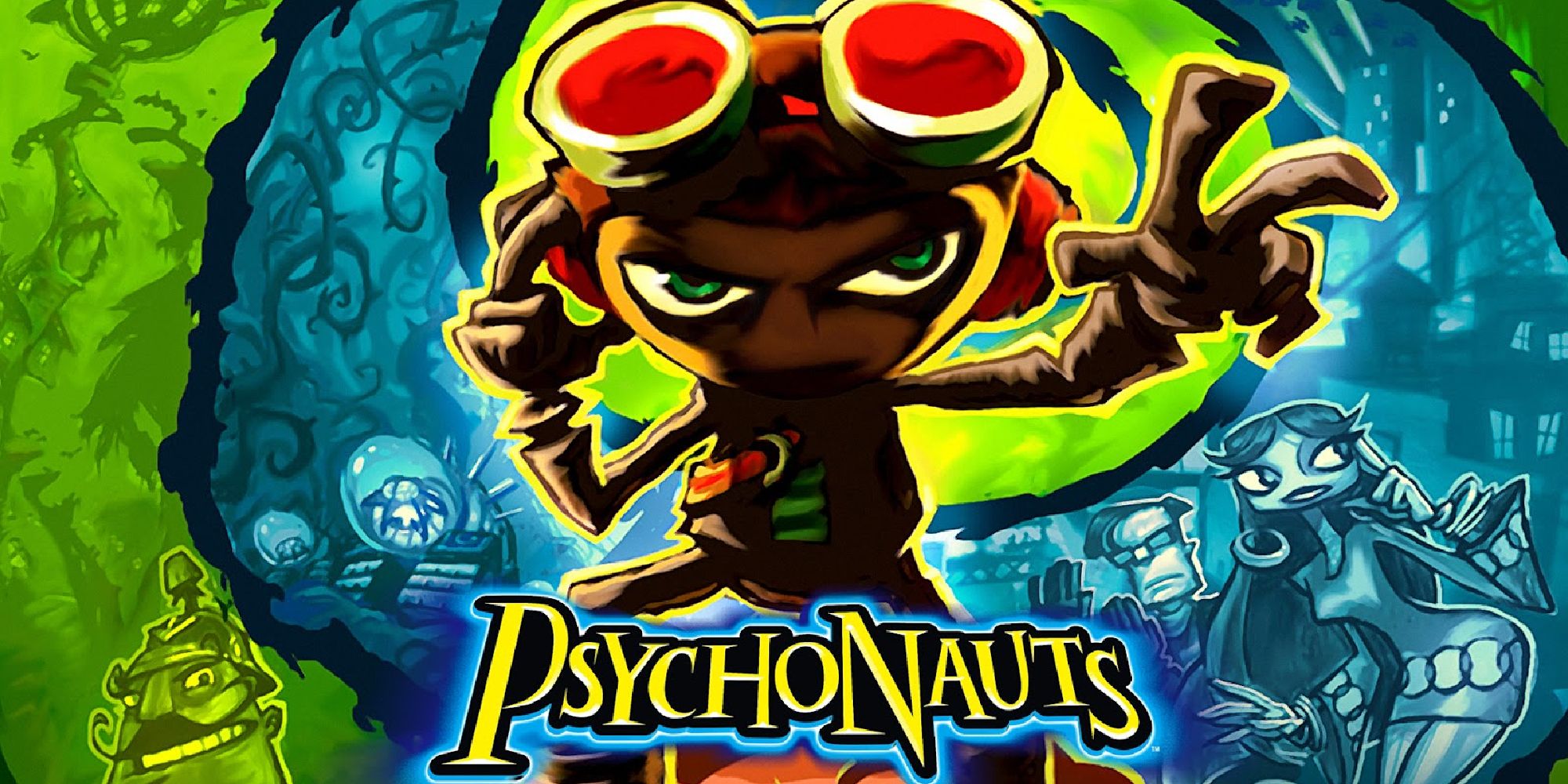 Key art for Psychonauts 1, showing Raz using his psychic powers and several other characters in the background