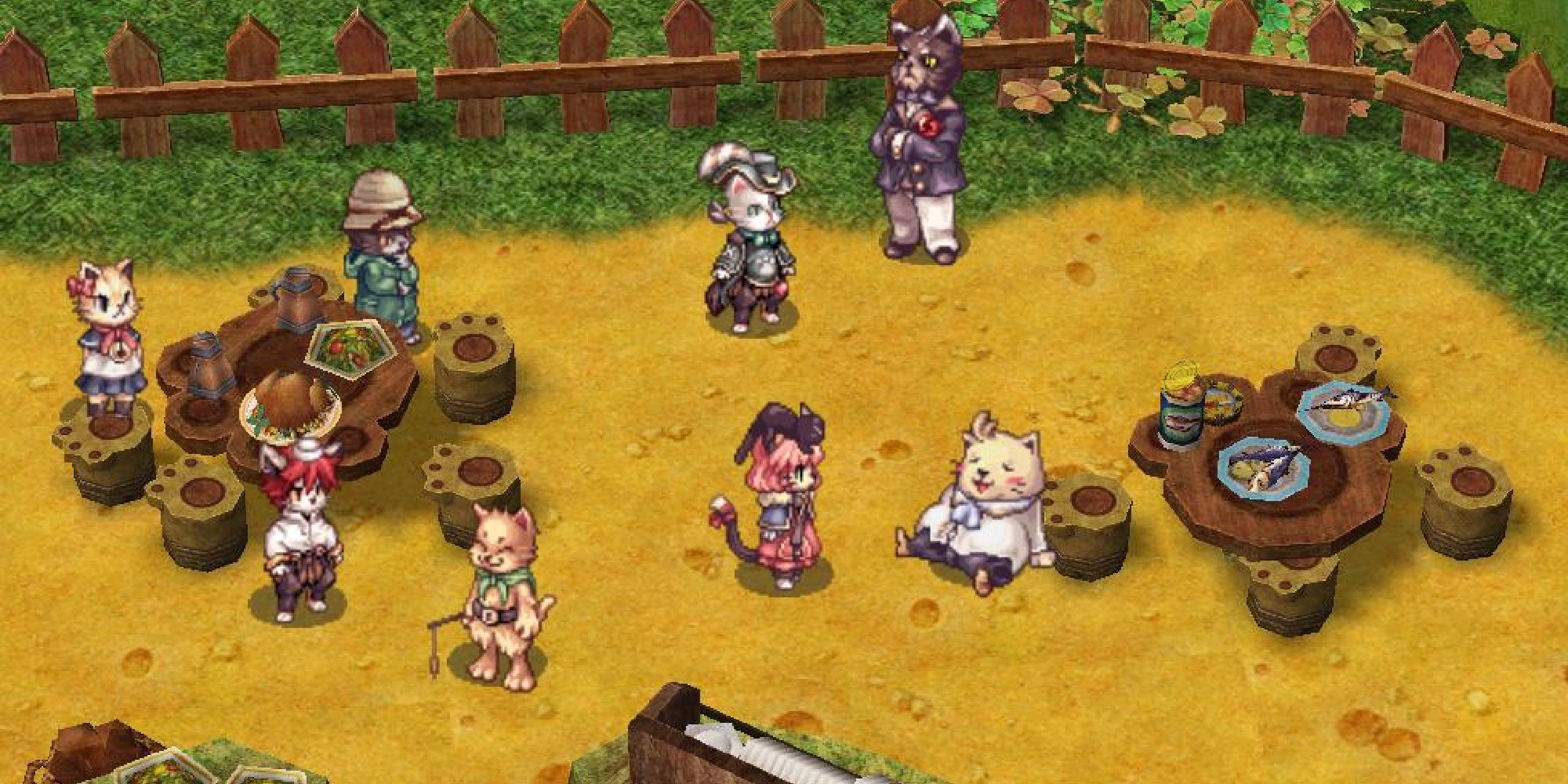 A screenshot from Gravity Games' MMORPG Ragnarok Online, showing the player character hanging out in a village of cats