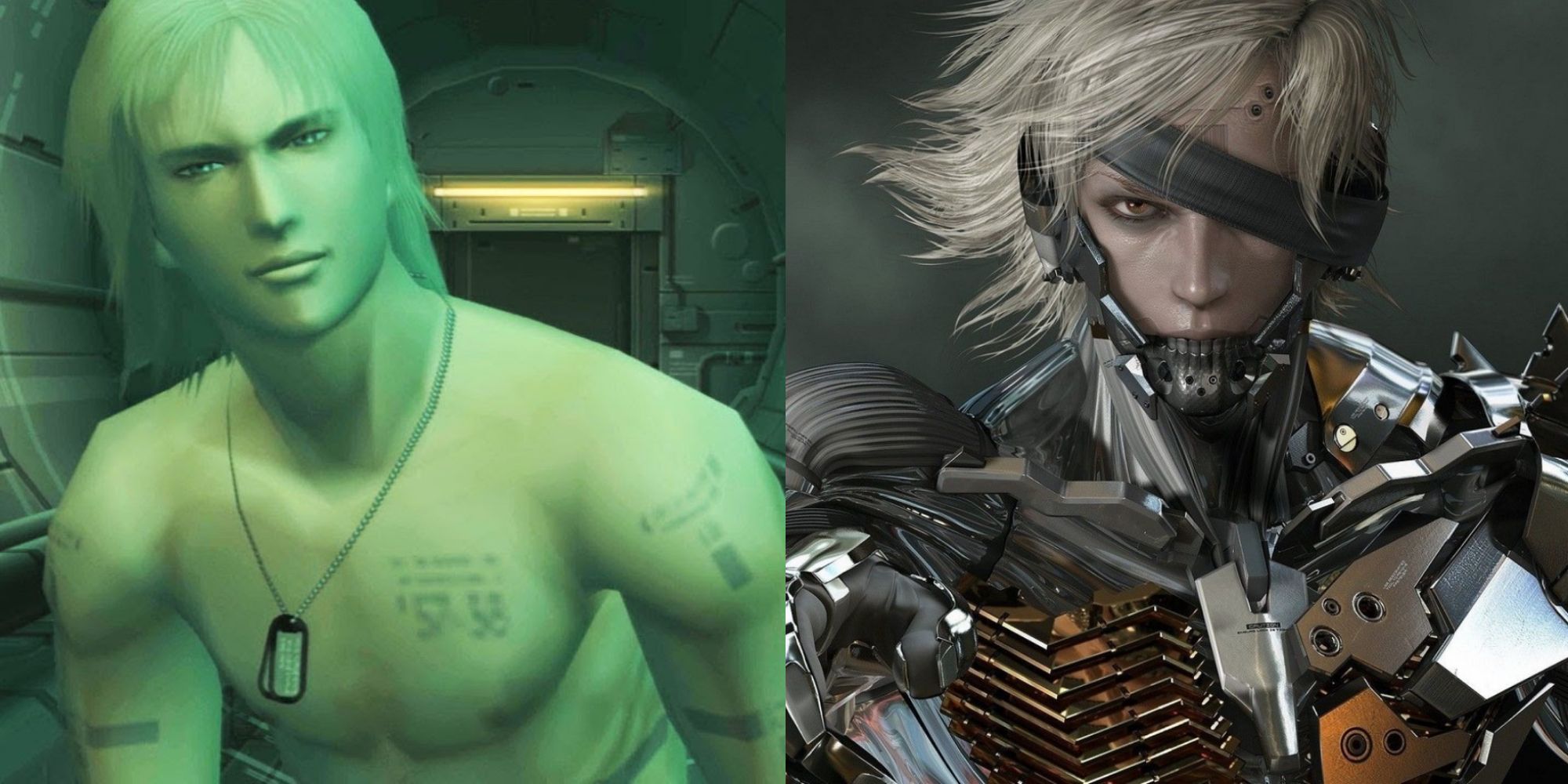 A comparison between Raiden's androgynous appearance in Metal Gear Solid 2: Sons of Liberty and his cyborg look from Metal Gear Solid 4: Guns of the Patriots and Metal Gear Rising: Revengeance