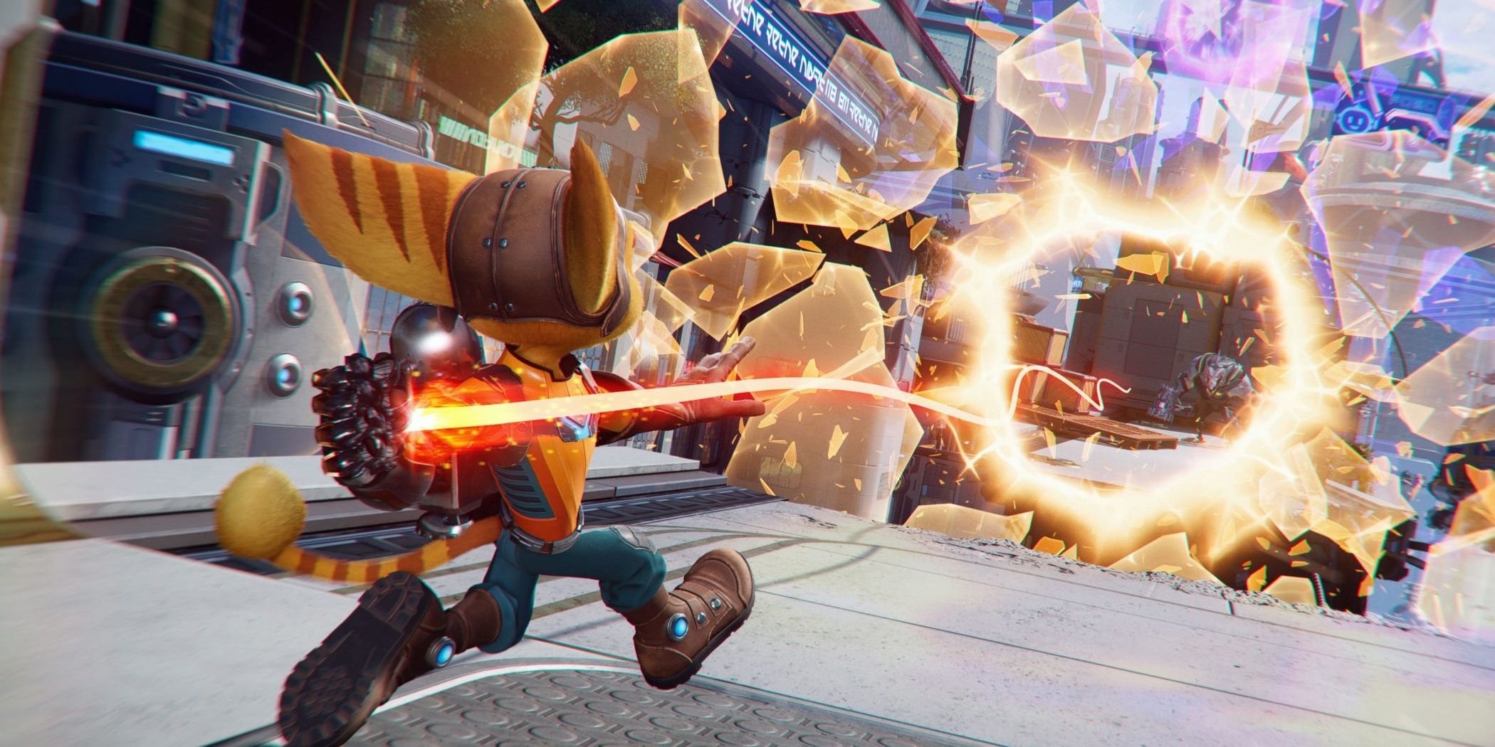 Screenshot showing series protagonist Ratchet the lombax about to travel into a new area through interdimensional rifts.