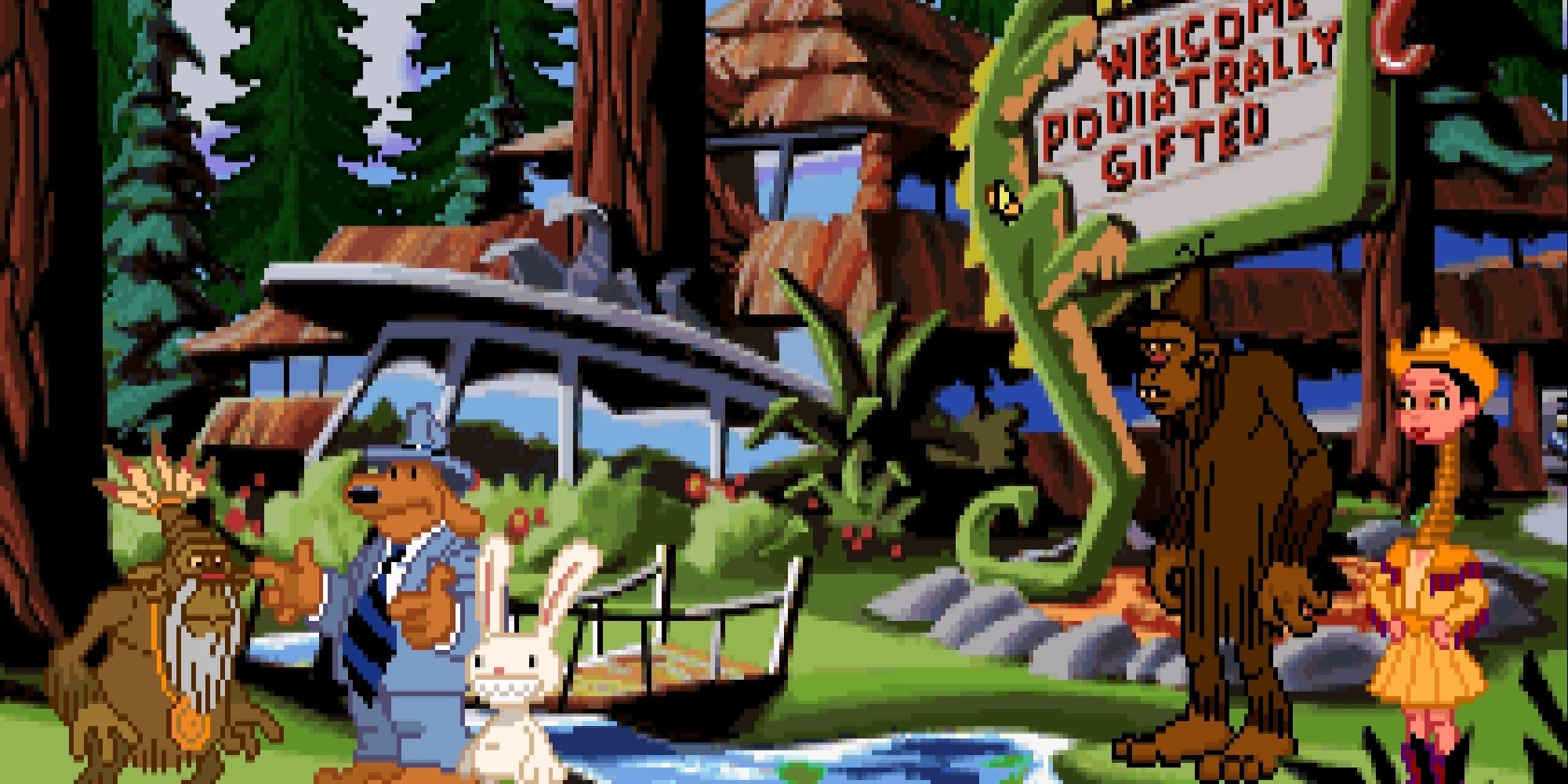 A screenshot from LucasArts' Sam & Max Hit The Road, showing Sam and Max talking to a monkey in front of an inn