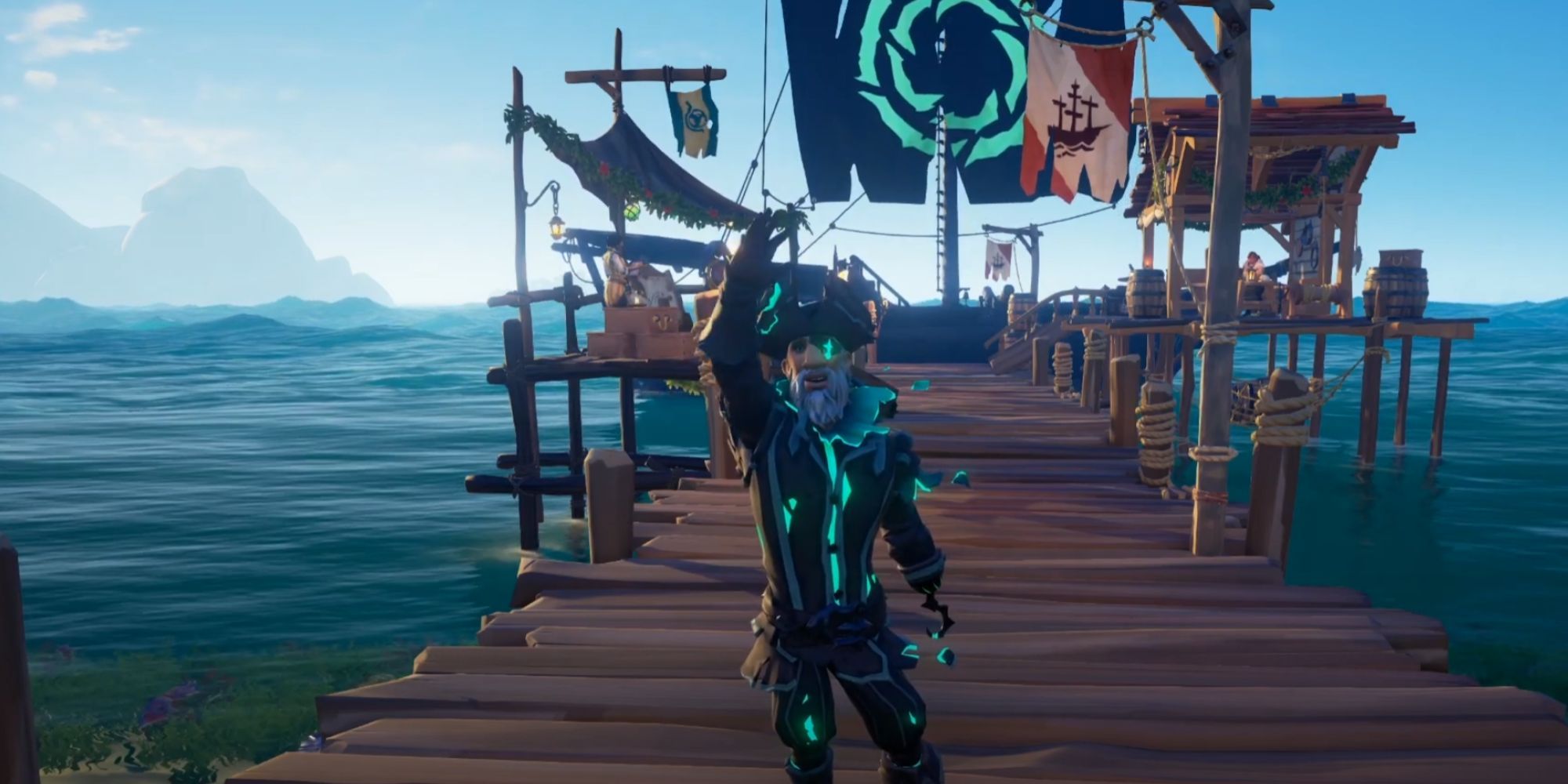 sea of thieves character wearing the ghost outfi at an outpost