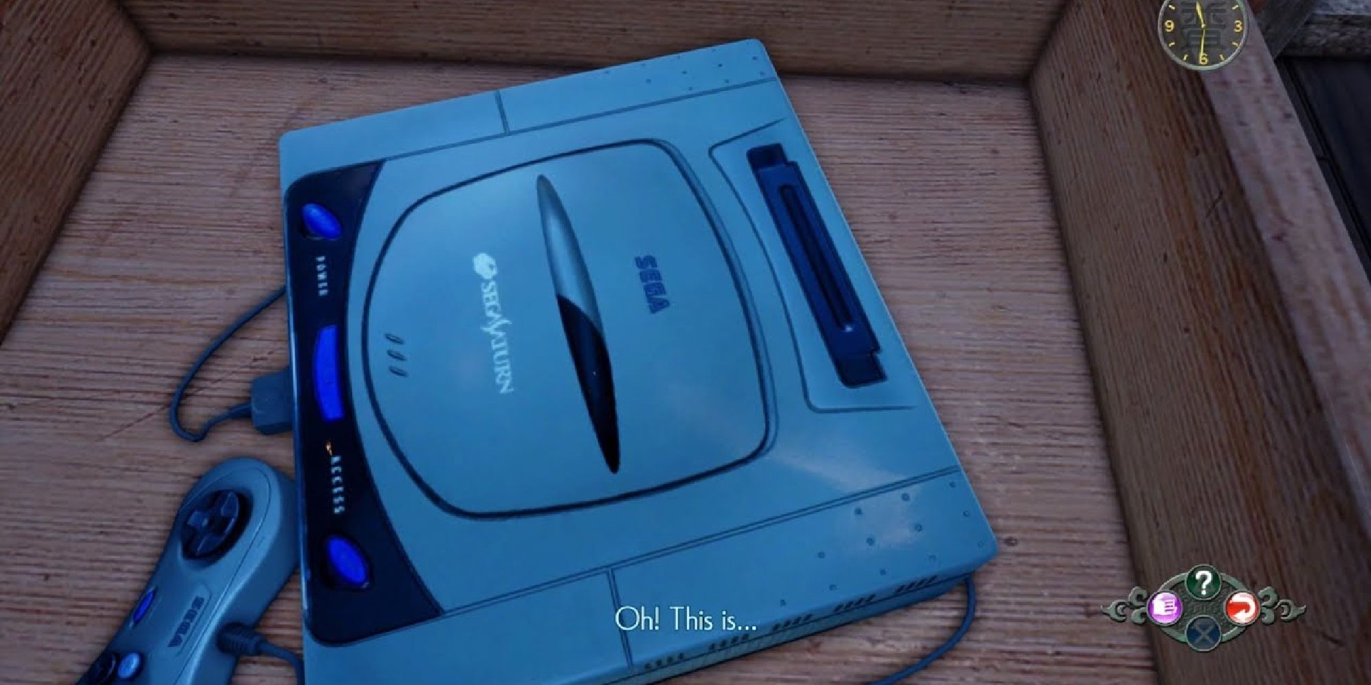Ryo Hazuki exclaims "Oh! This is..." as he looks at a Sega Saturn in Shenmue 3