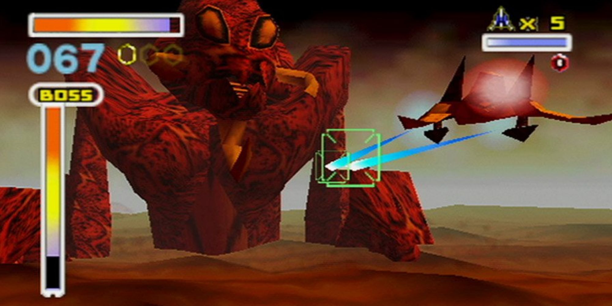 Fox's Arwing fires at a boss rising from the lava in Star Fox 64's Out of the Frying Pan level
