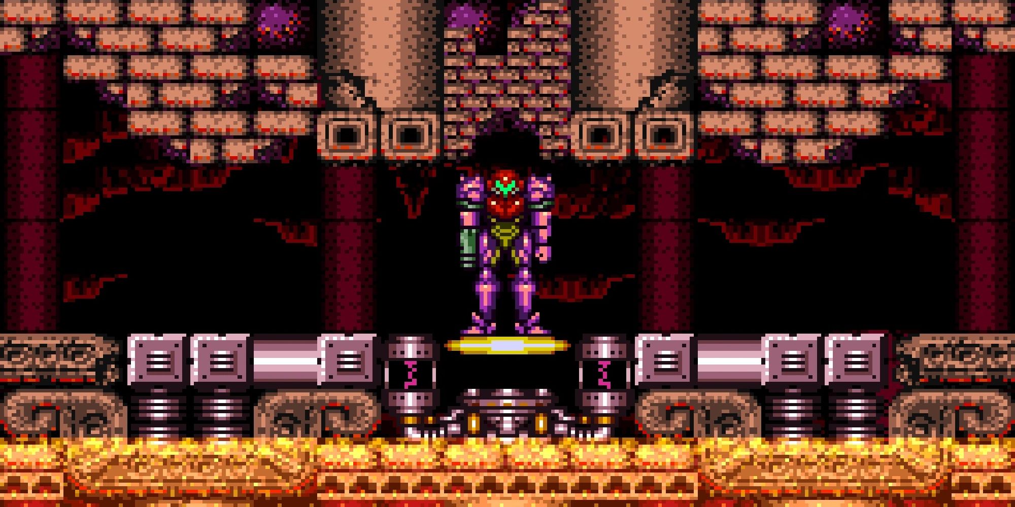 Samus stands in the dilapidated entrance to Lower Norfair in Super Metroid