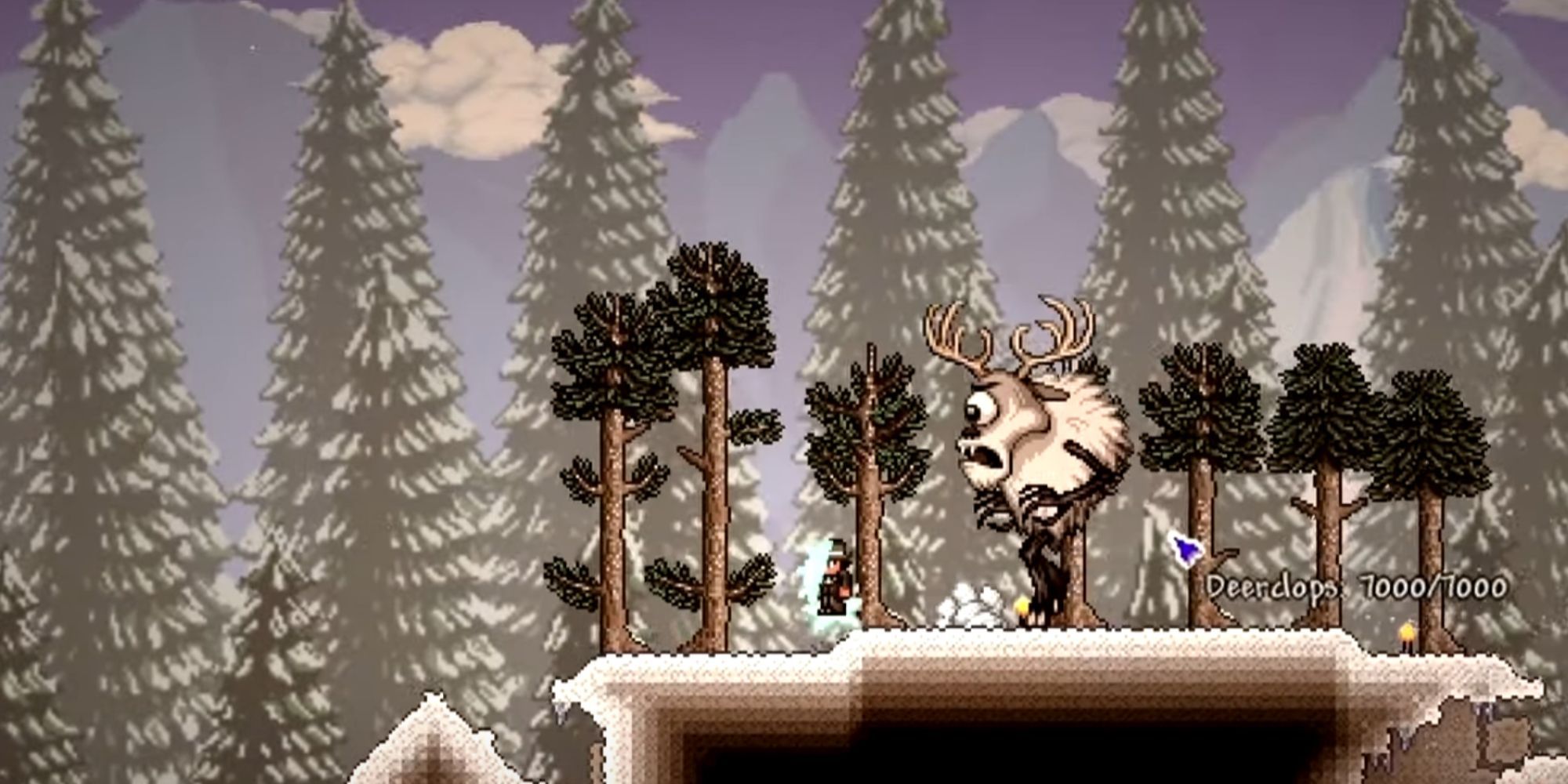 terraria deerclops boss attacking a player in the snowy forest