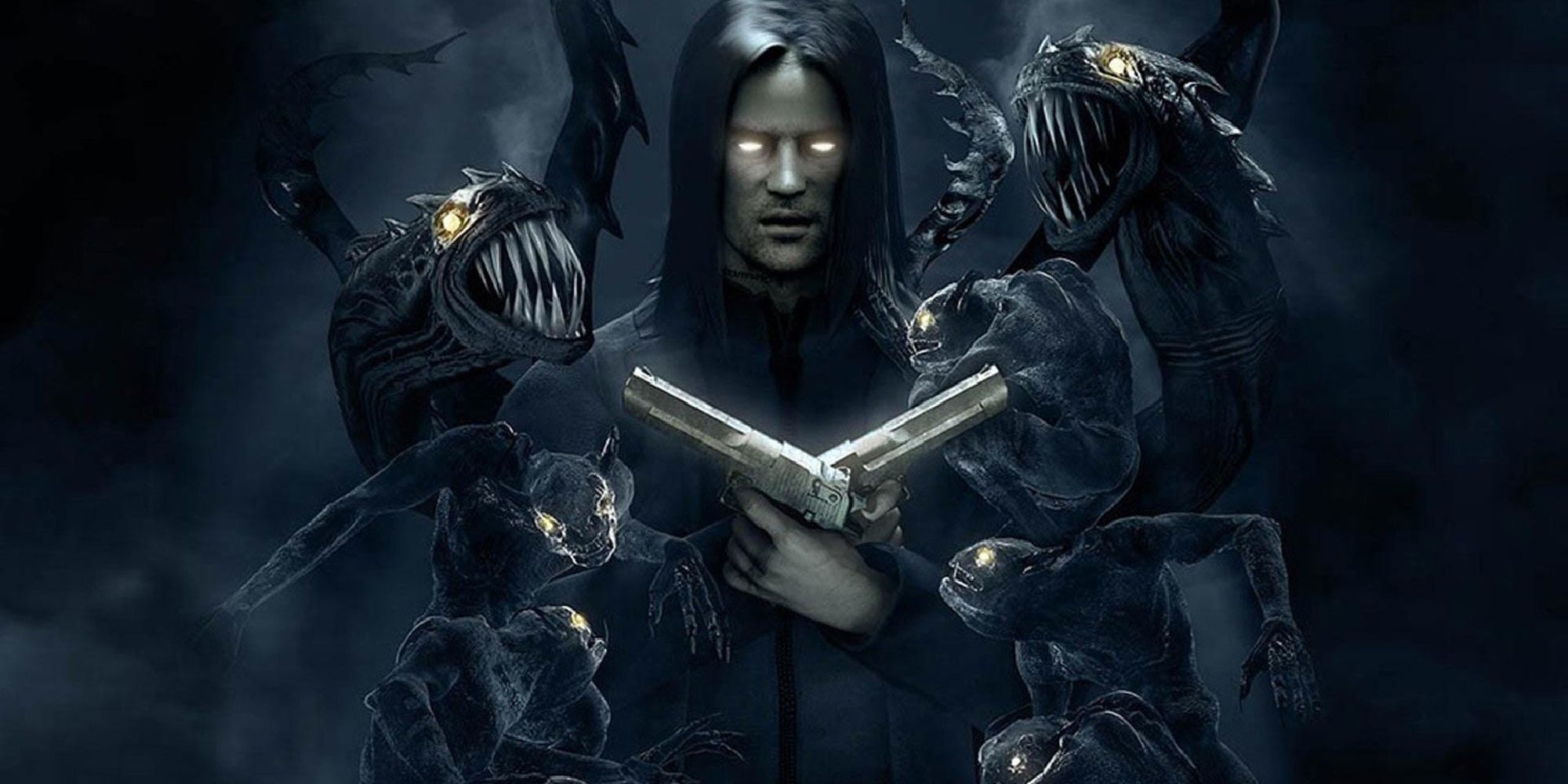 Key art from Starbreeze Studios' The Darkness, showing Jackie Estacado posing with his arms crossed and The Darkness looming behind him