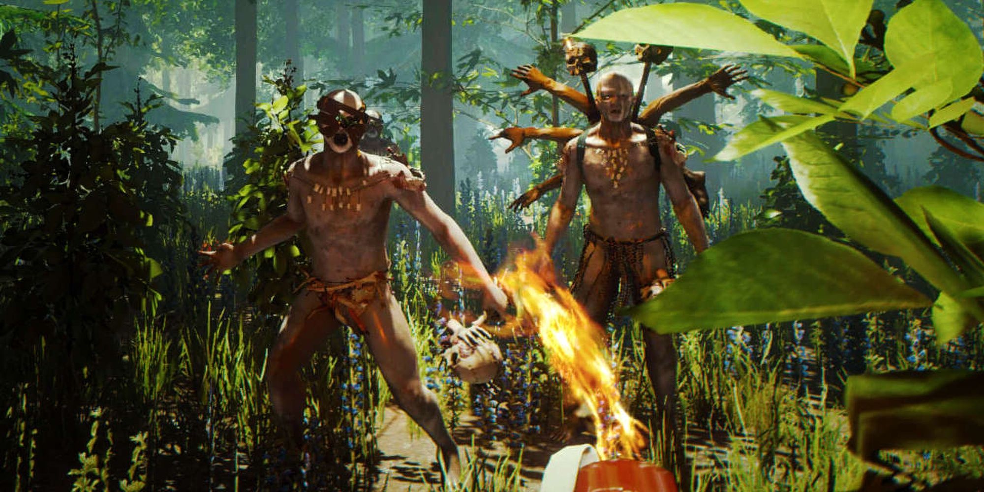 The Forest: cannibal mutants standing among shrubs