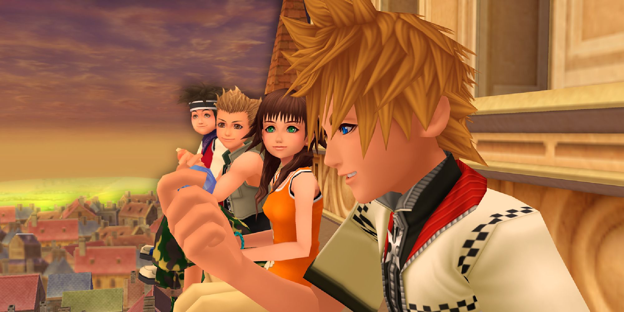 Roxas sits on the clock tower at sunset with his friends in tow in Kingdom Hearts 2's Twilight Town