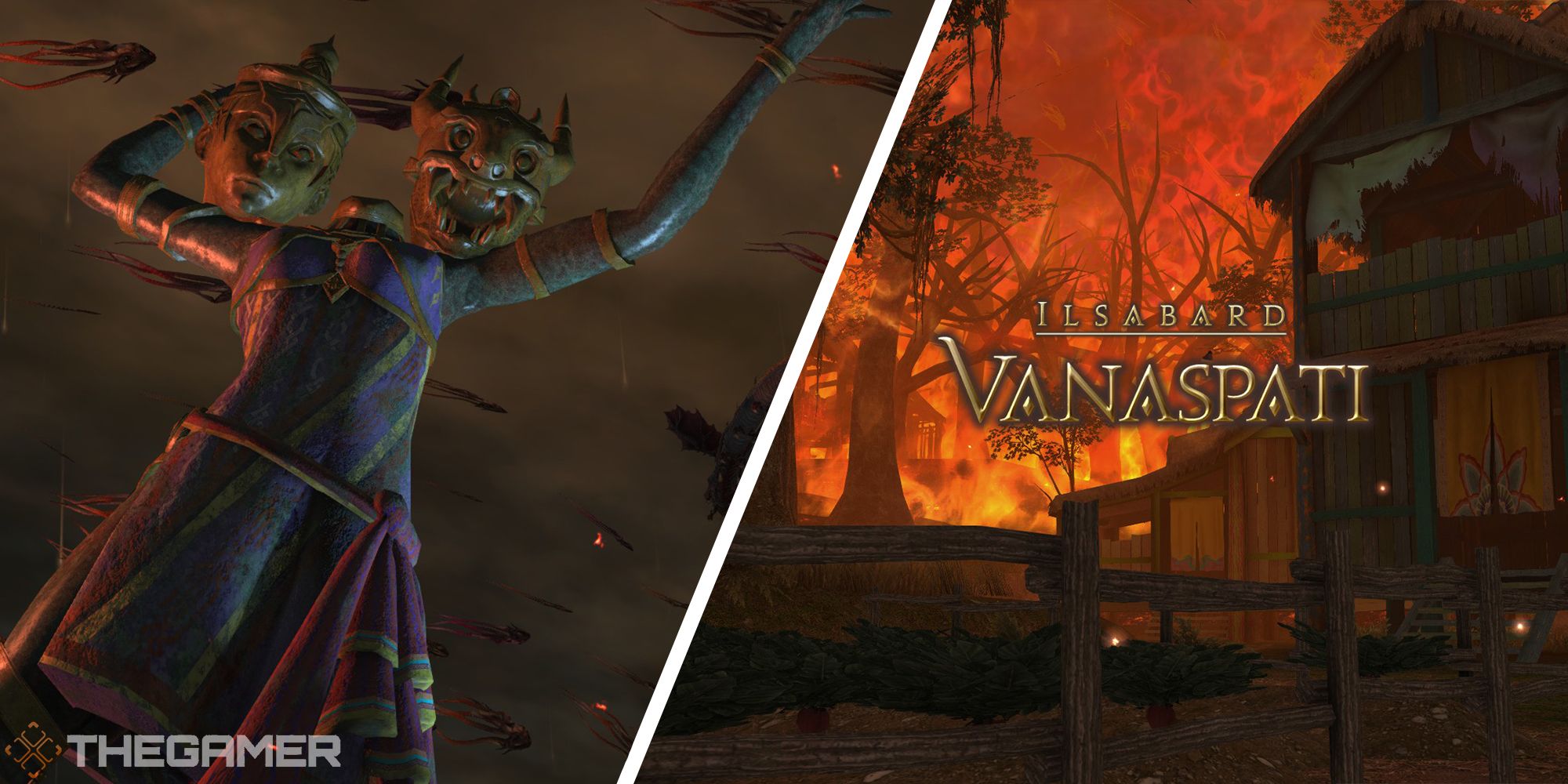 vanaspati split split image with statue and forest on fire