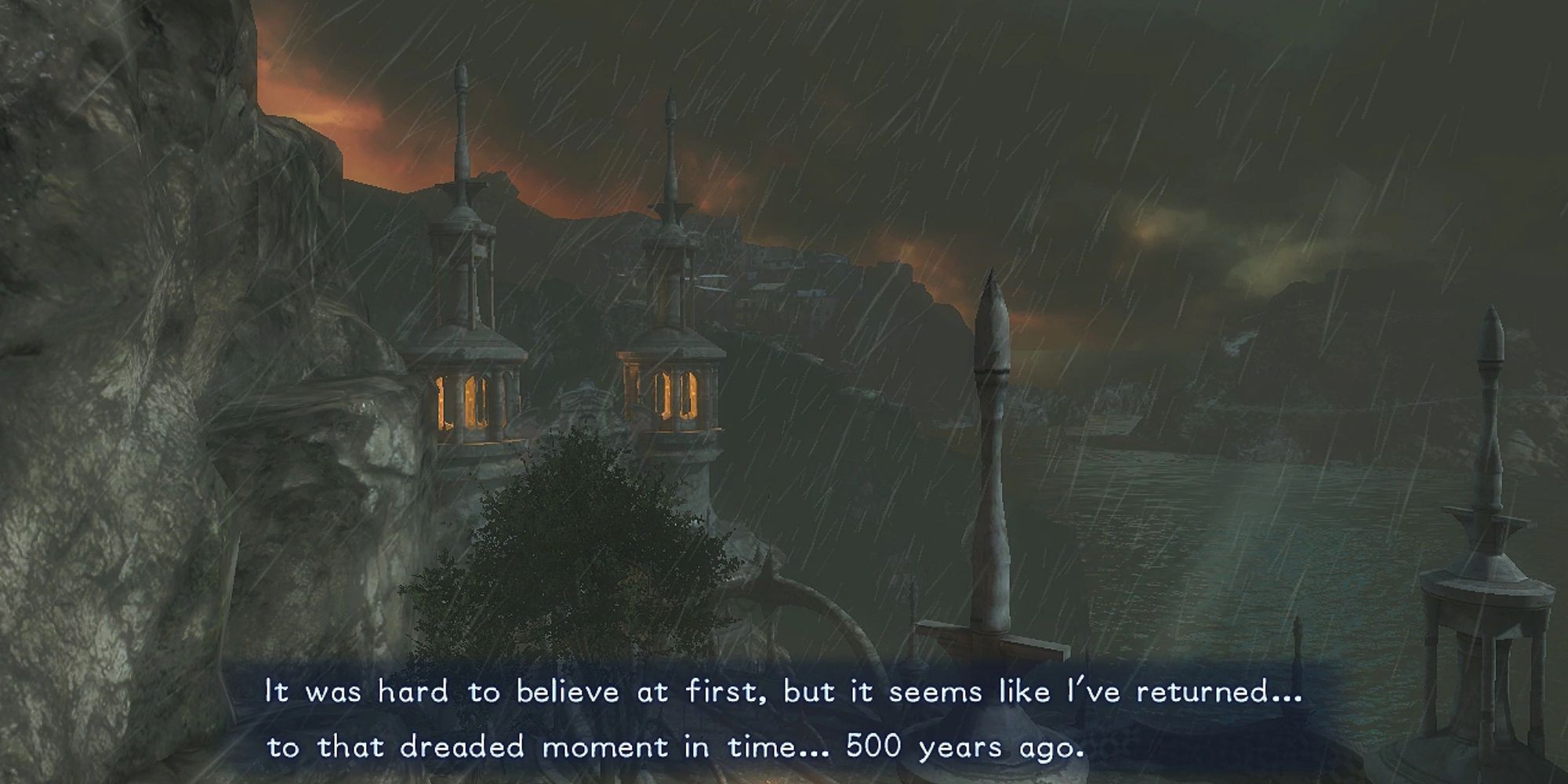 A screenshot of Bayonetta 2, when Bayonetta travels back in time to Vigrid torn apart by war. The camera surveys the burning city while her narration reflects on her journey