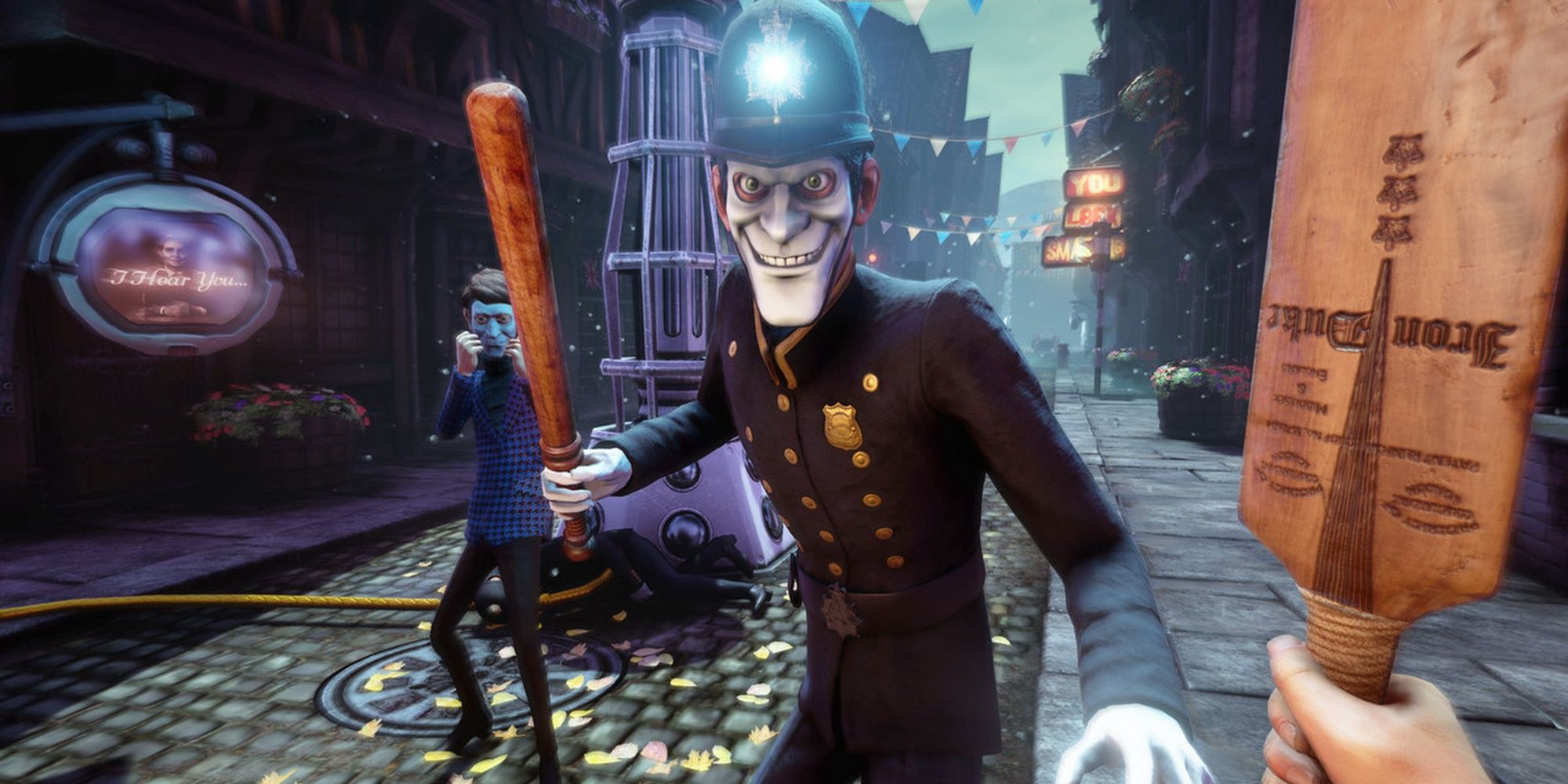 We Happy Few: Player Attacking The Masked Police With A Cricket Bat