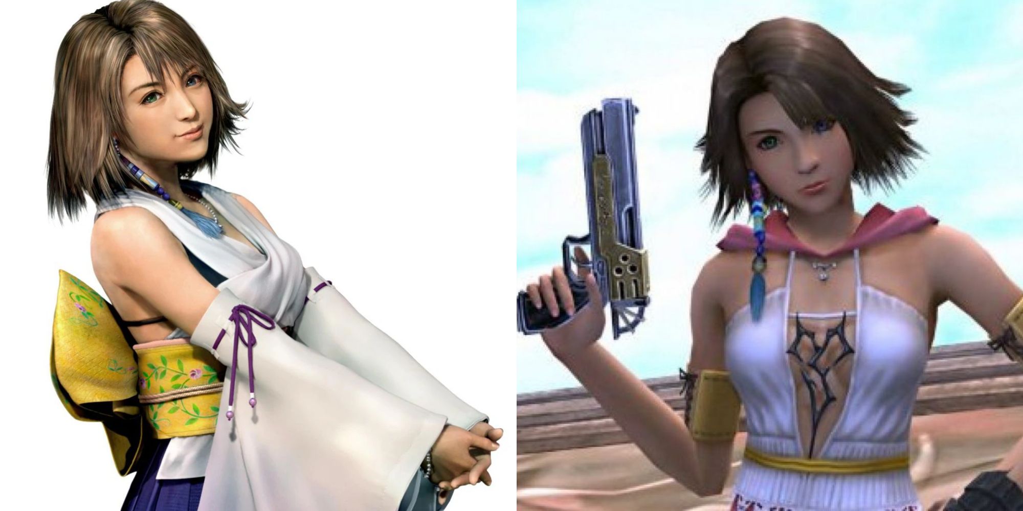 A comparison between Yuna's appearance in Final Fantasy X and her tougher, less clothed design in Final Fantasy X-2