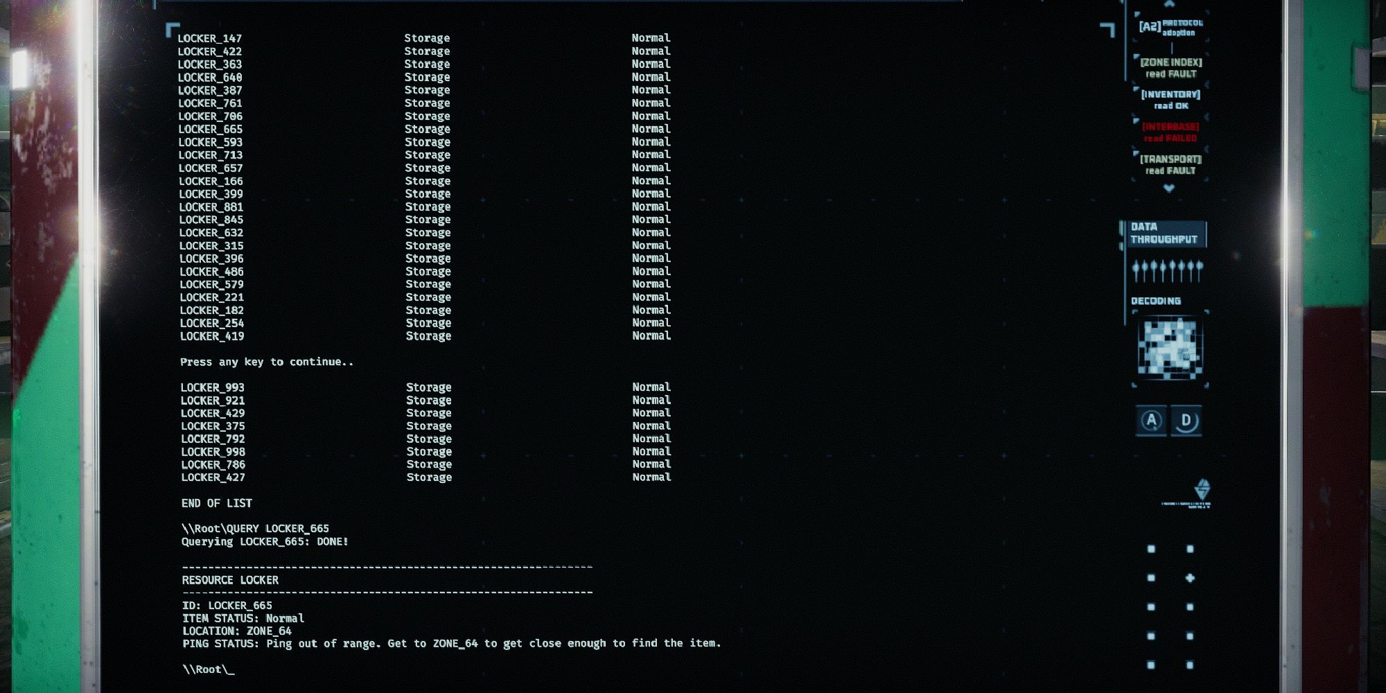 Browsing a terminal for locker locations in GTFO
