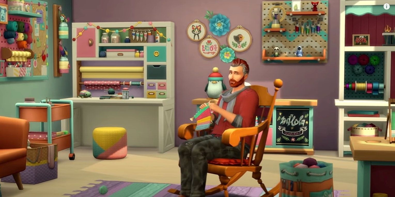 A Sim sits in the middle of a purple room, knitting in a rocking chair. We aren't sure what they're knitting, but the purple room is decked-out in knitting decor and equipment.
