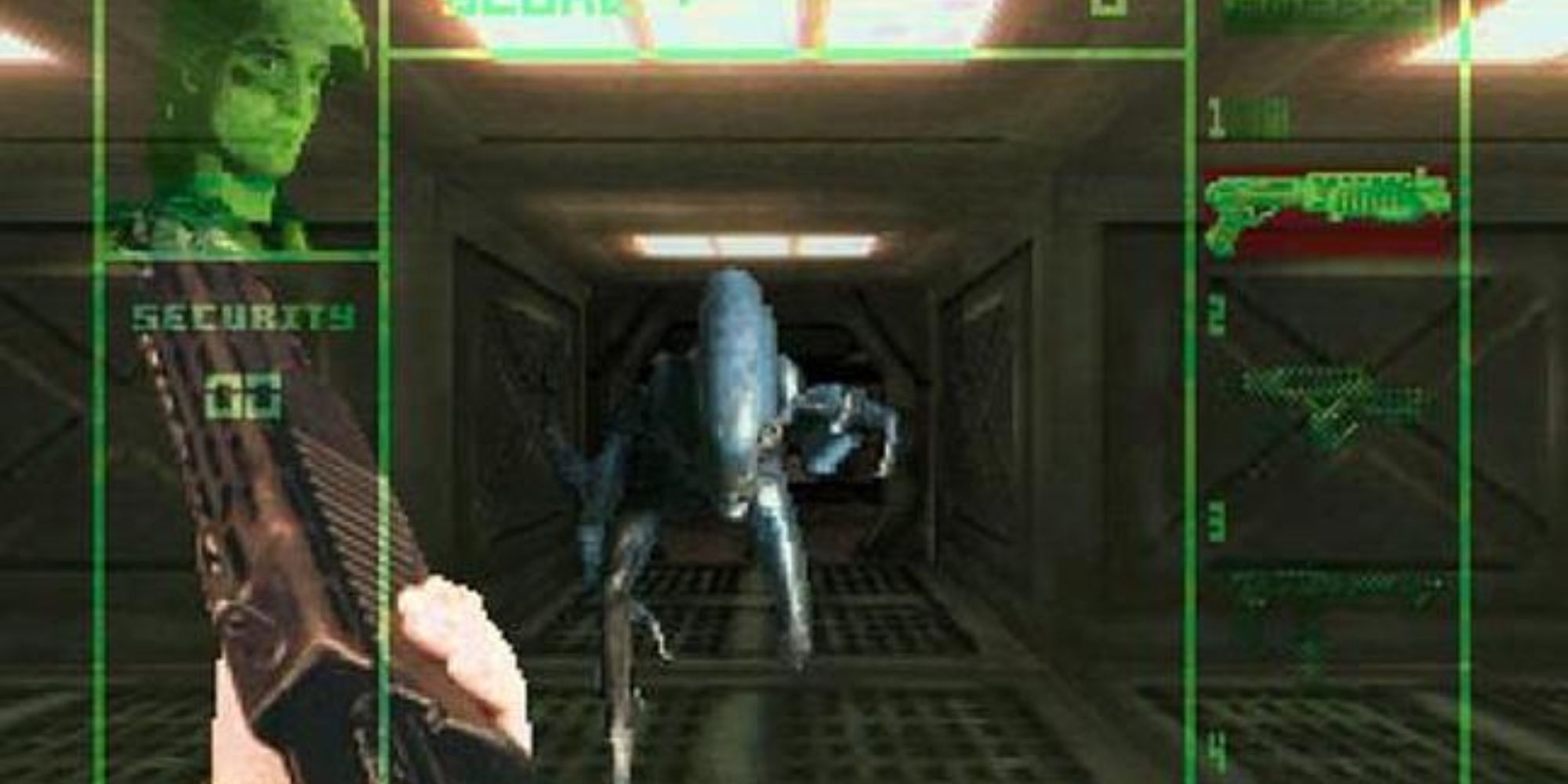 90s FPS a first person perspective shot from Alien Vs Predator of a Colonial Marine cocking their shotgun as an Alien approaches them inside a corridor 