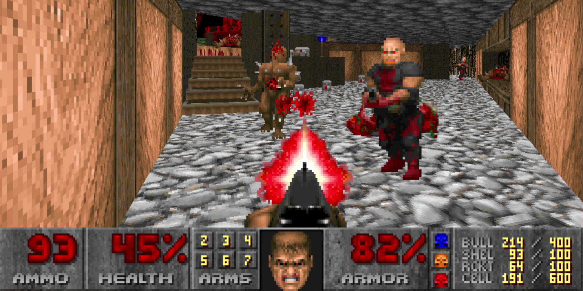 90s FPS a first person perspective shot from Doom of the Doom Guy shooting an Imp while being attacked by a Zombieman