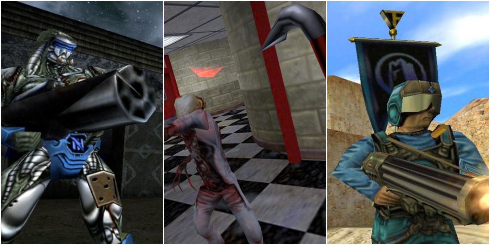 90s FPS on the left a Dominator from Unreal Tournament, in the middle a Zombie from Half Life and on the right a Soldier from Team Fortress Classic