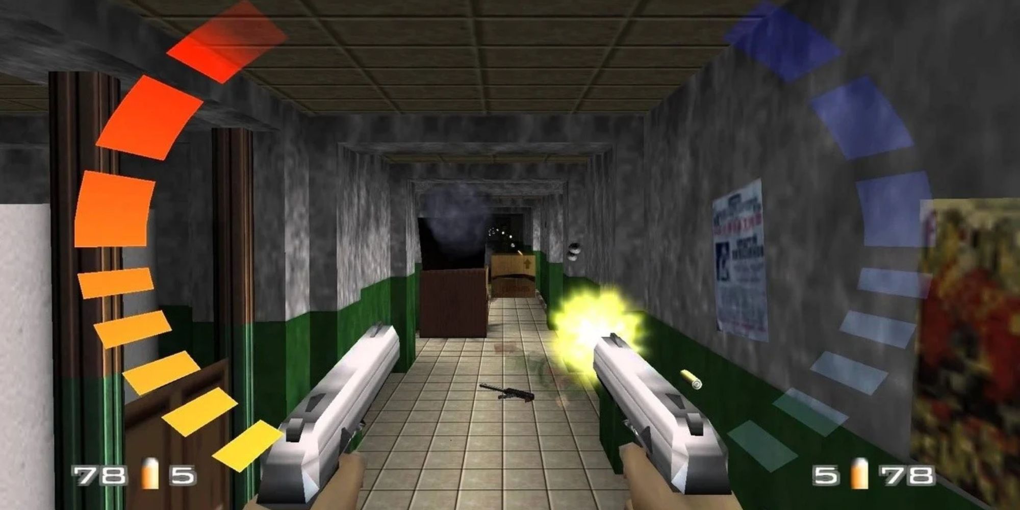 90s FPS a POV shot from GoldenEye of a hand carrying a pistol firing down an empty corridor while bars fill up on the left and right